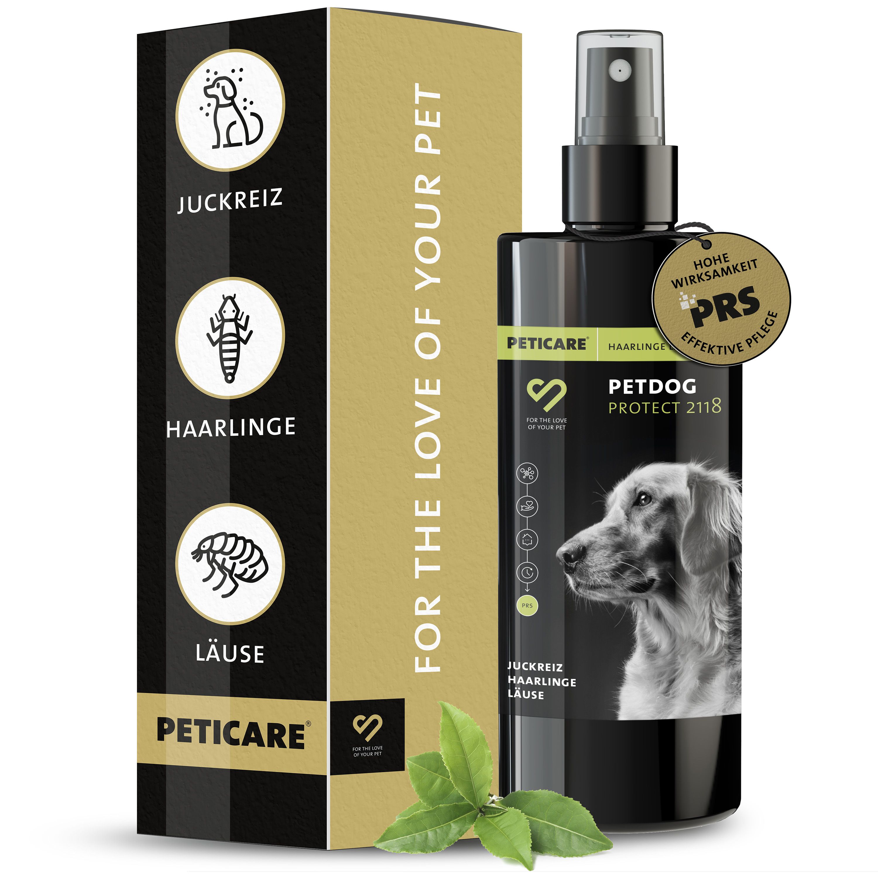 Peticare-Spray-Flasche und Verpackung. Auf der Verpackung sind Icons für Juckreiz, Haarlinge und Läuse abgebildet.