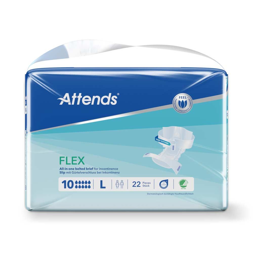 Attends Flex 10 L. Verpackung mit Inkontinenzprodukten. Blaue und weiße Verpackung mit Produktabbildung und Logo. 22 Stück.