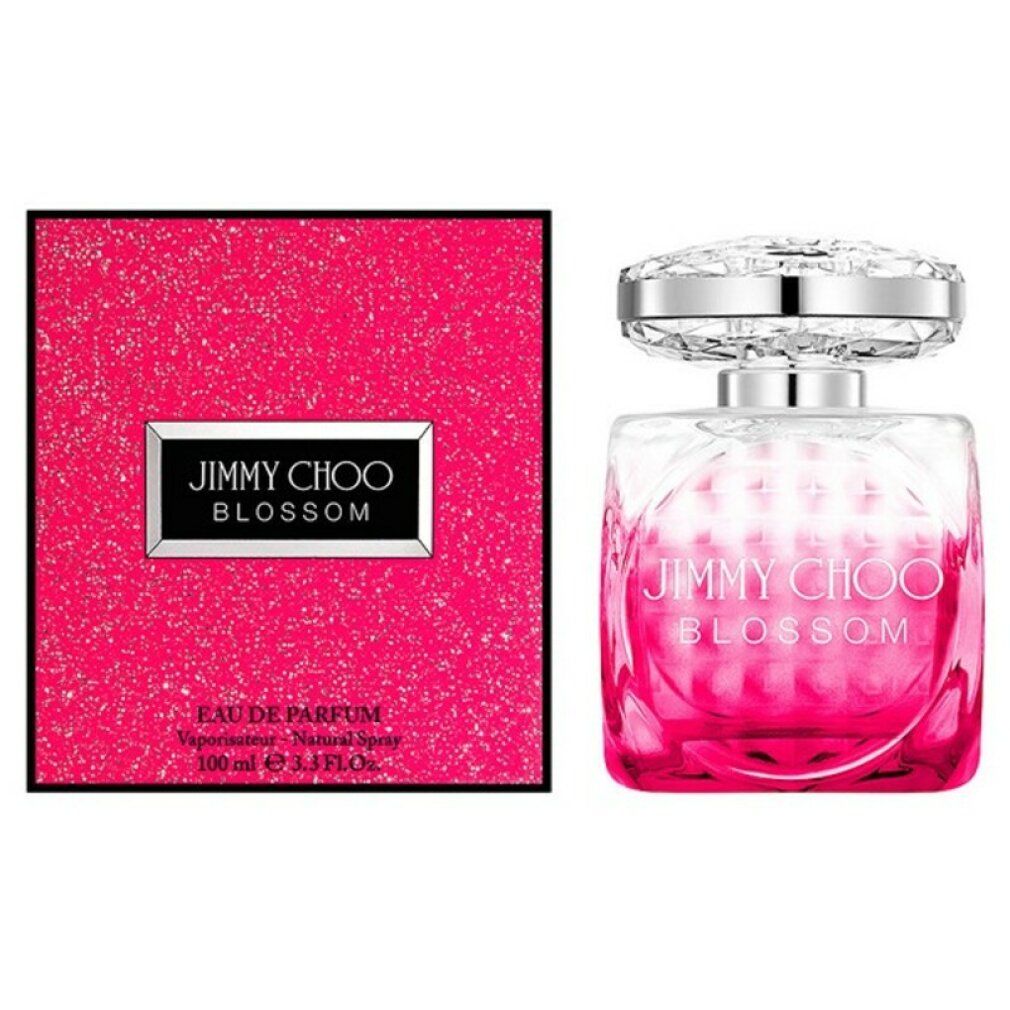 Rosa Flakon mit silbernem Deckel und rosa Verpackung mit Logo. Aufschrift: Jimmy Choo Blossom.