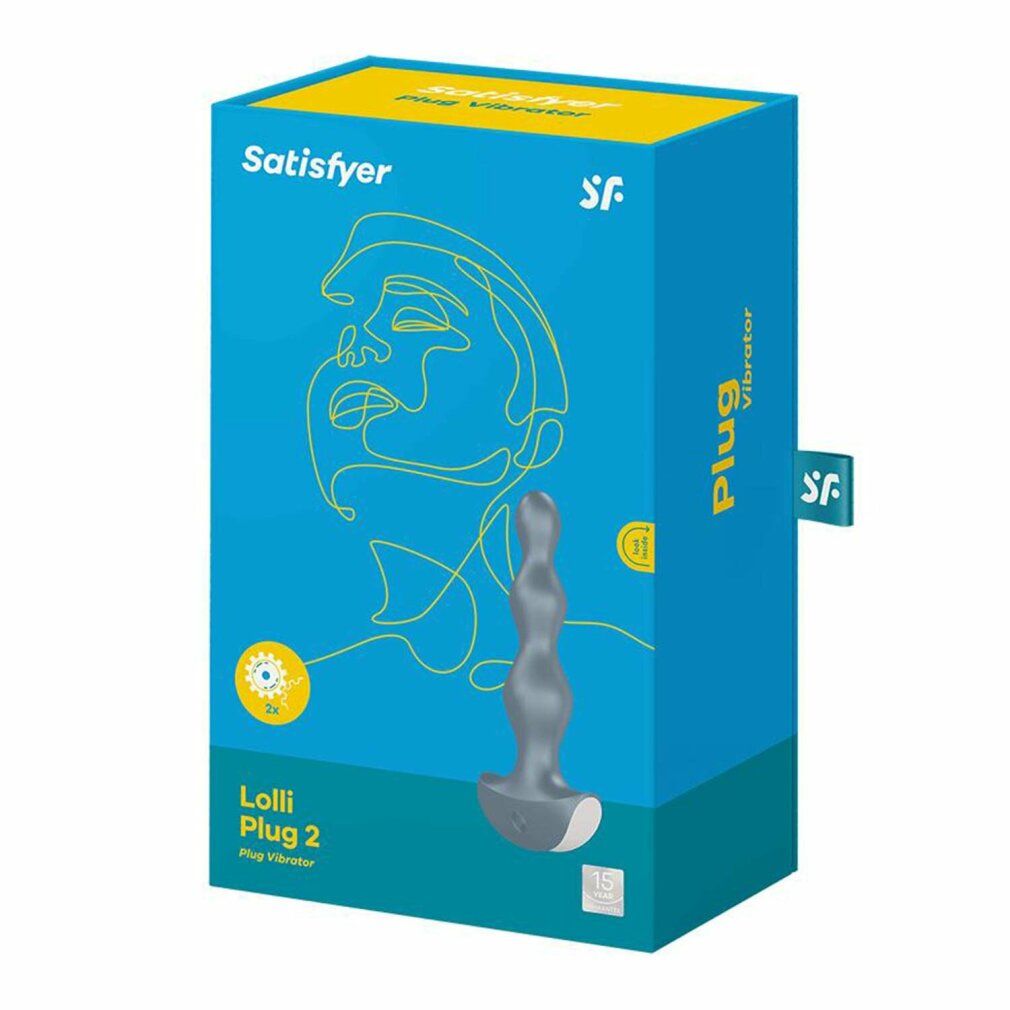 Grauer Analvibrator mit wellenförmigem Schaft und T-förmiger Basis. Produktverpackung mit Produktname und Logo.