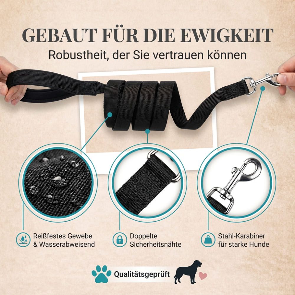 Schwarze Schleppleine mit Details. Text: "Gebaut für die Ewigkeit". Reißfestes Gewebe, doppelte Sicherheitsnähte, Stahl-Karabiner.