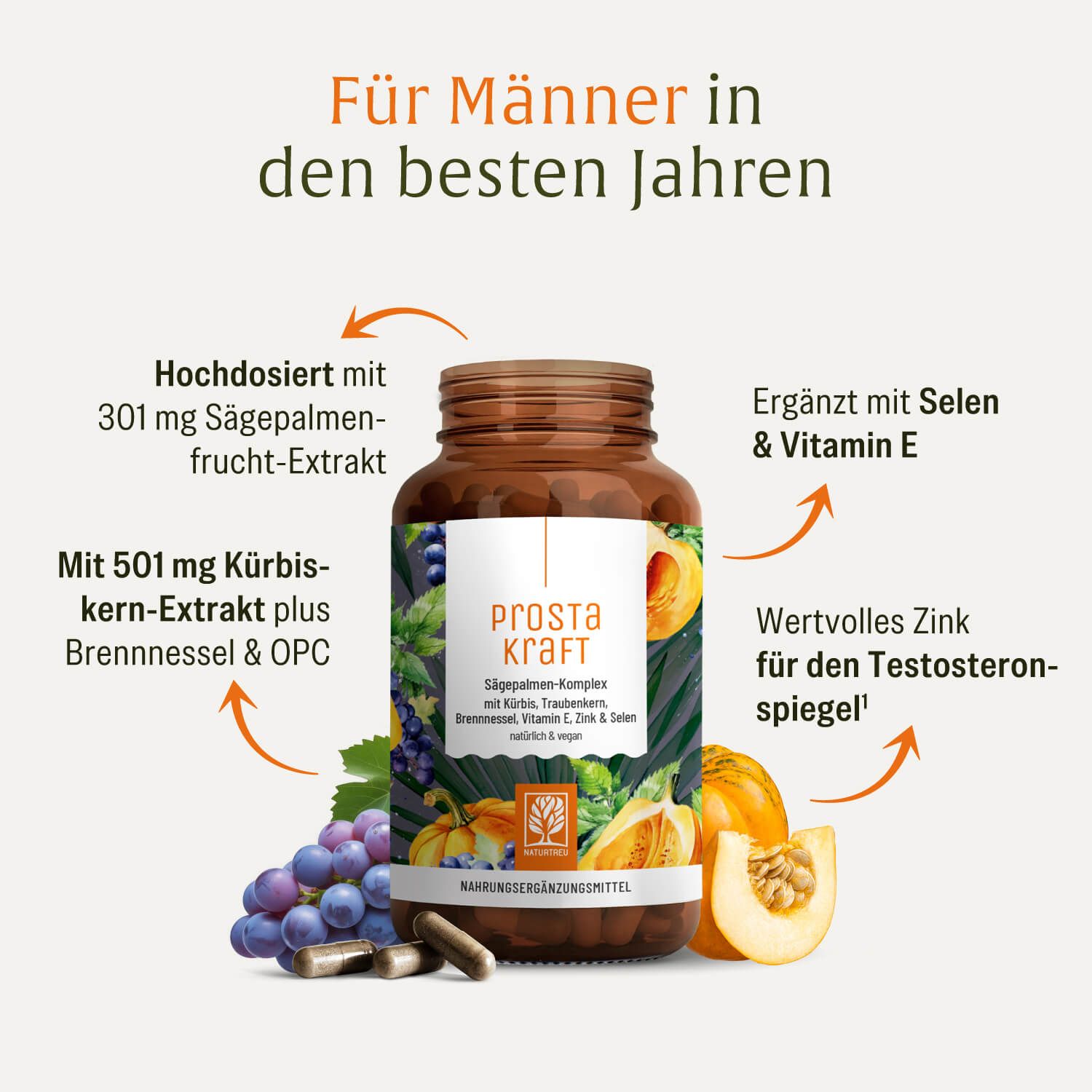 PROSTAKRAFT Flasche mit Kürbis, Trauben und Blättern. Nahrungsergänzungsmittel.