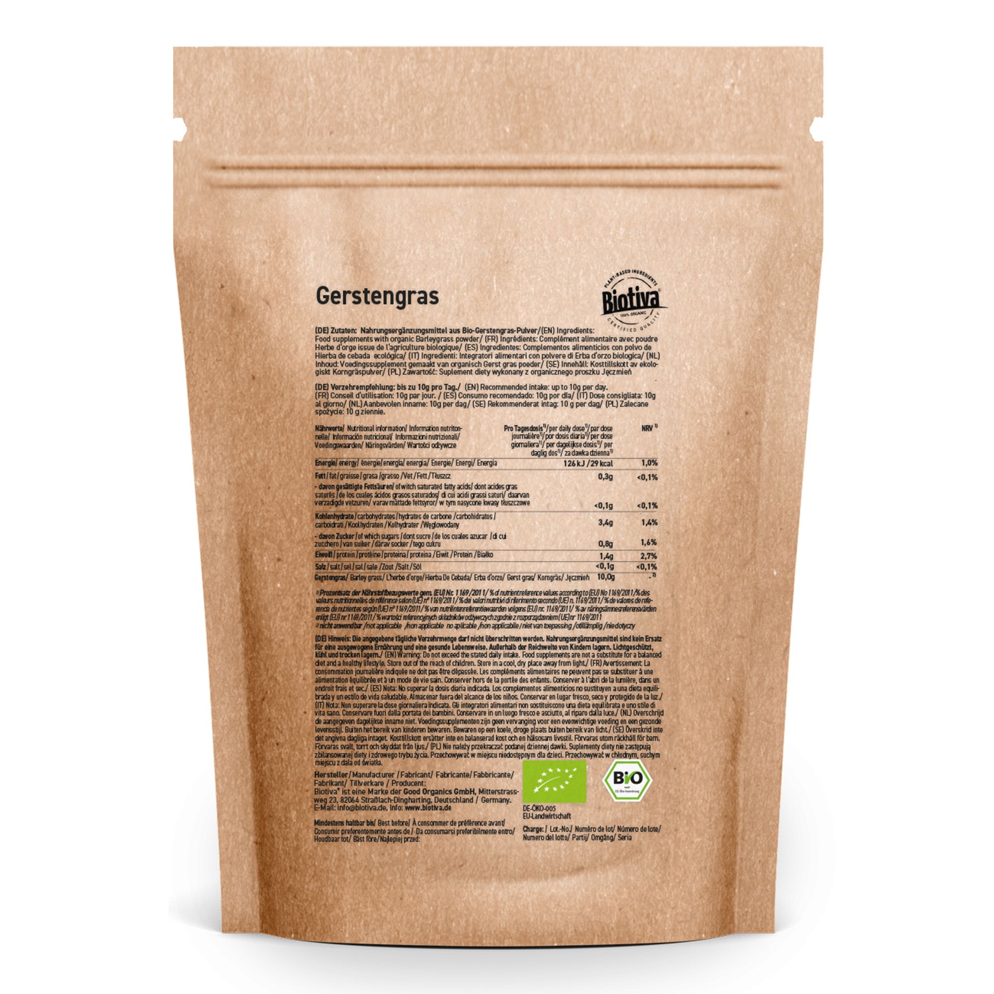Rückseite der braunen Tüte mit Biotiva-Logo und Produktinformationen in mehreren Sprachen. Bio-Siegel.