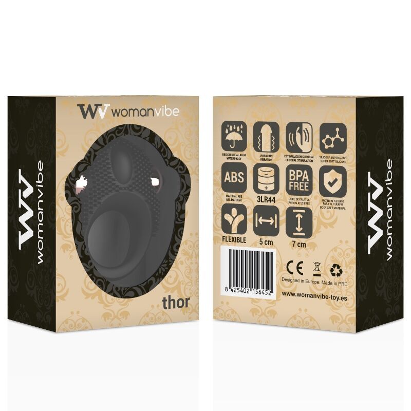 Verpackung von Womanvibe Thor. Schwarzer Silikon-Vibrator-Penisring. Aufdrucke: Logos, Produktmerkmale, Größenangaben, Zertifizierungen.