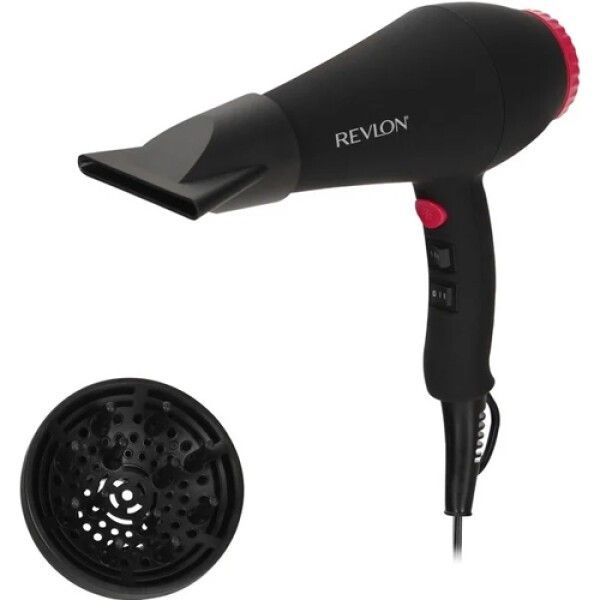 Schwarzer Haartrockner mit Diffusor. Marke Revlon. Mit Düse und Diffusor. Schwarzer Griff mit roten Akzenten.