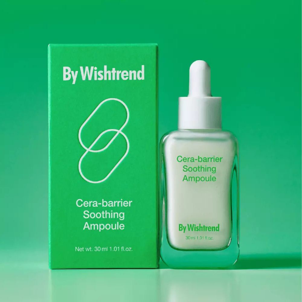 Grüne Verpackung mit Flasche. Aufschrift: Cera-barrier Soothing Ampoule, By Wishtrend. 30 ml.