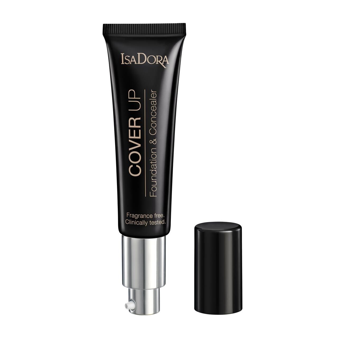 Schwarze Tube IsaDora Cover Up Foundation & Concealer mit abgenommenem Deckel. Text: Fragrance free, Clinically tested.