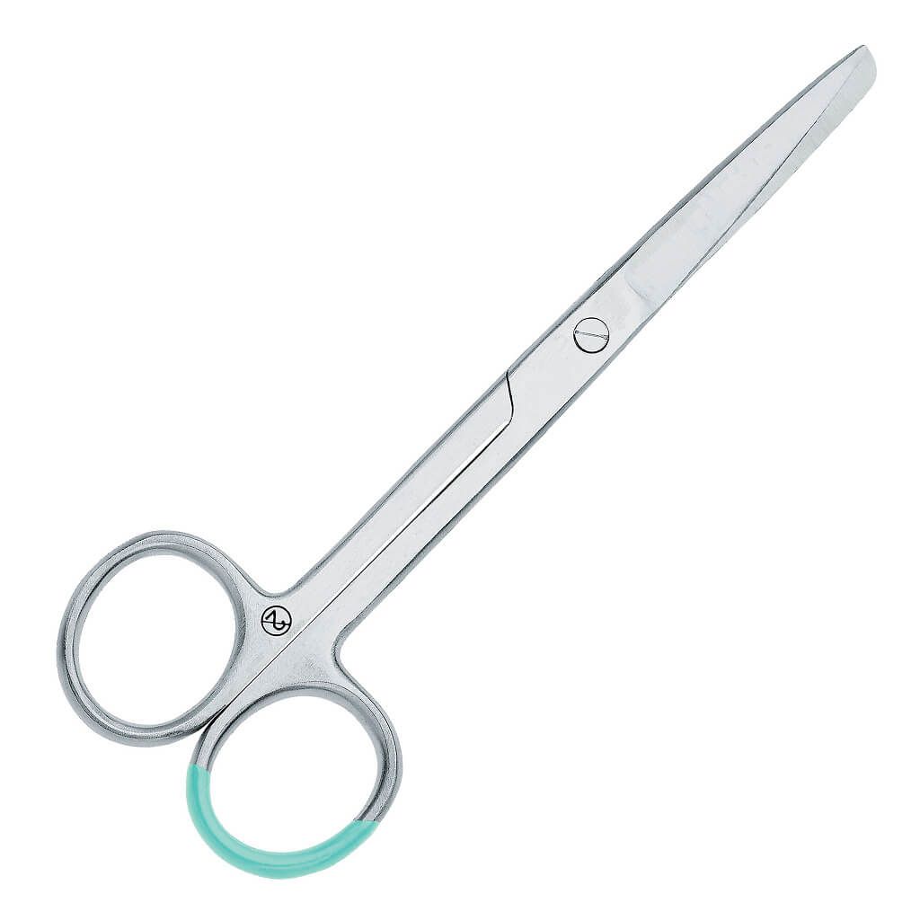 Chirurgische Schere, spitz/stumpf, gerade, 14,5 cm, mit türkisfarbenen Ringen.