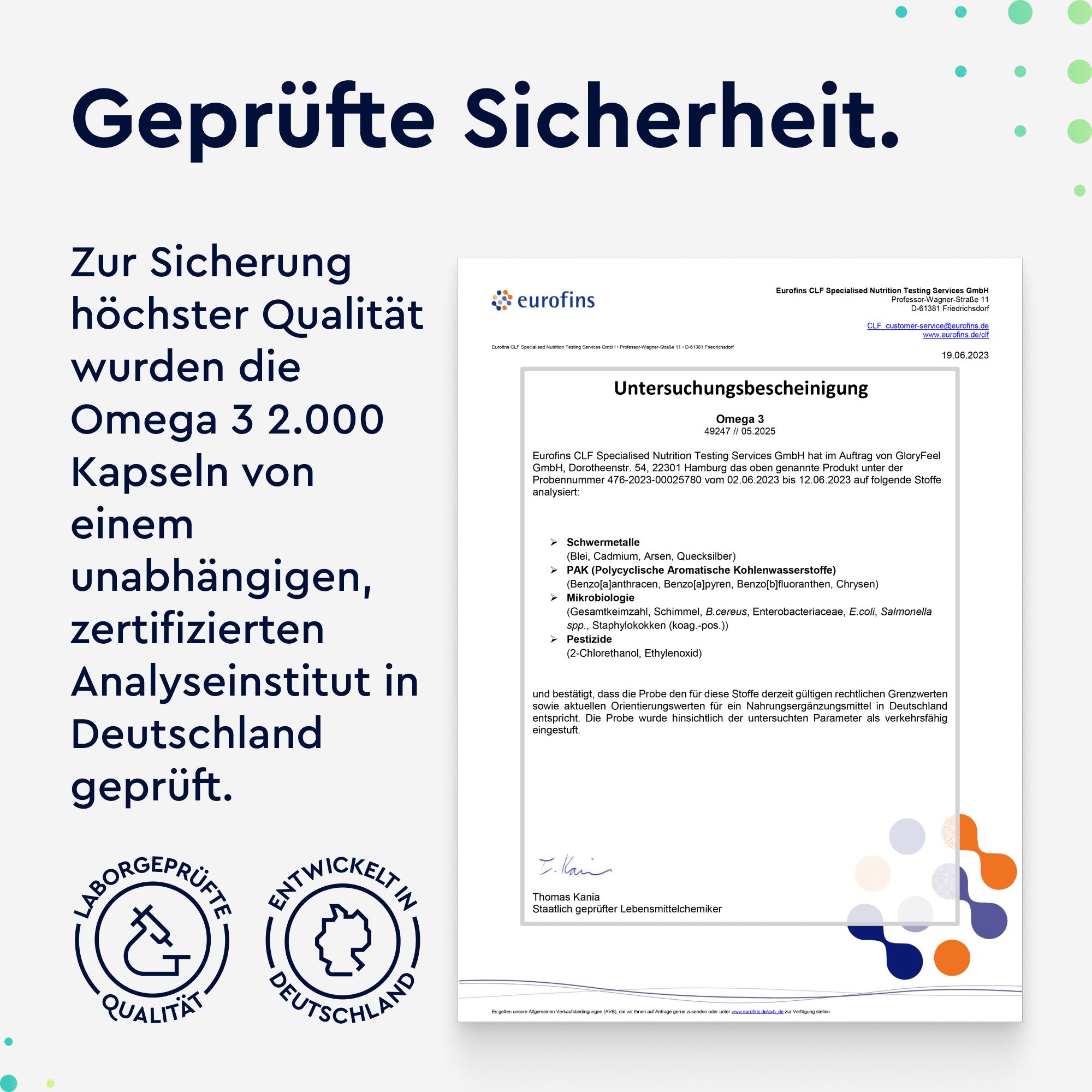 Zertifizierungsdokument von eurofins für Omega 3 Kapseln. Laborgeprüft, entwickelt in Deutschland.