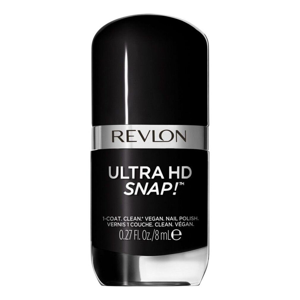 Nagellackflasche, schwarz-silber. Text: Revlon, Ultra HD Snap!, 0.27 fl. oz./8 ml. Vegan. 1-Coat. Clean.