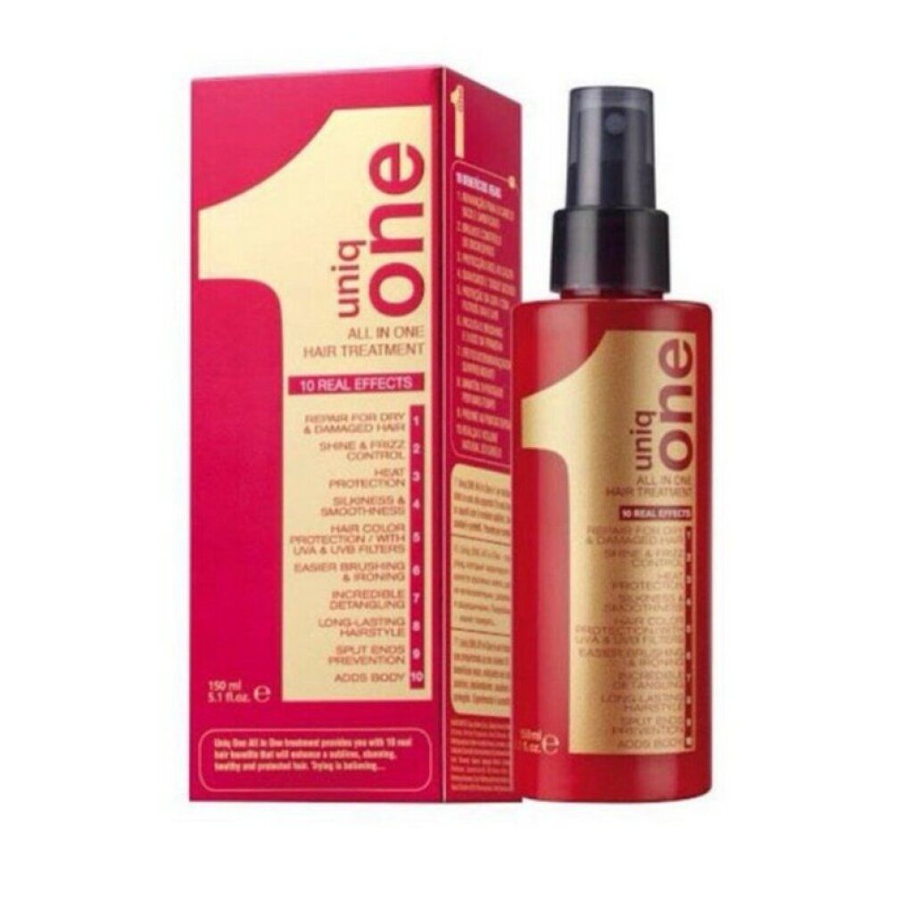 Rote Flasche und Verpackung von Revlon Uniq One. Aufschrift: All in One Hair Treatment. 10 Vorteile. Sprühkopf.