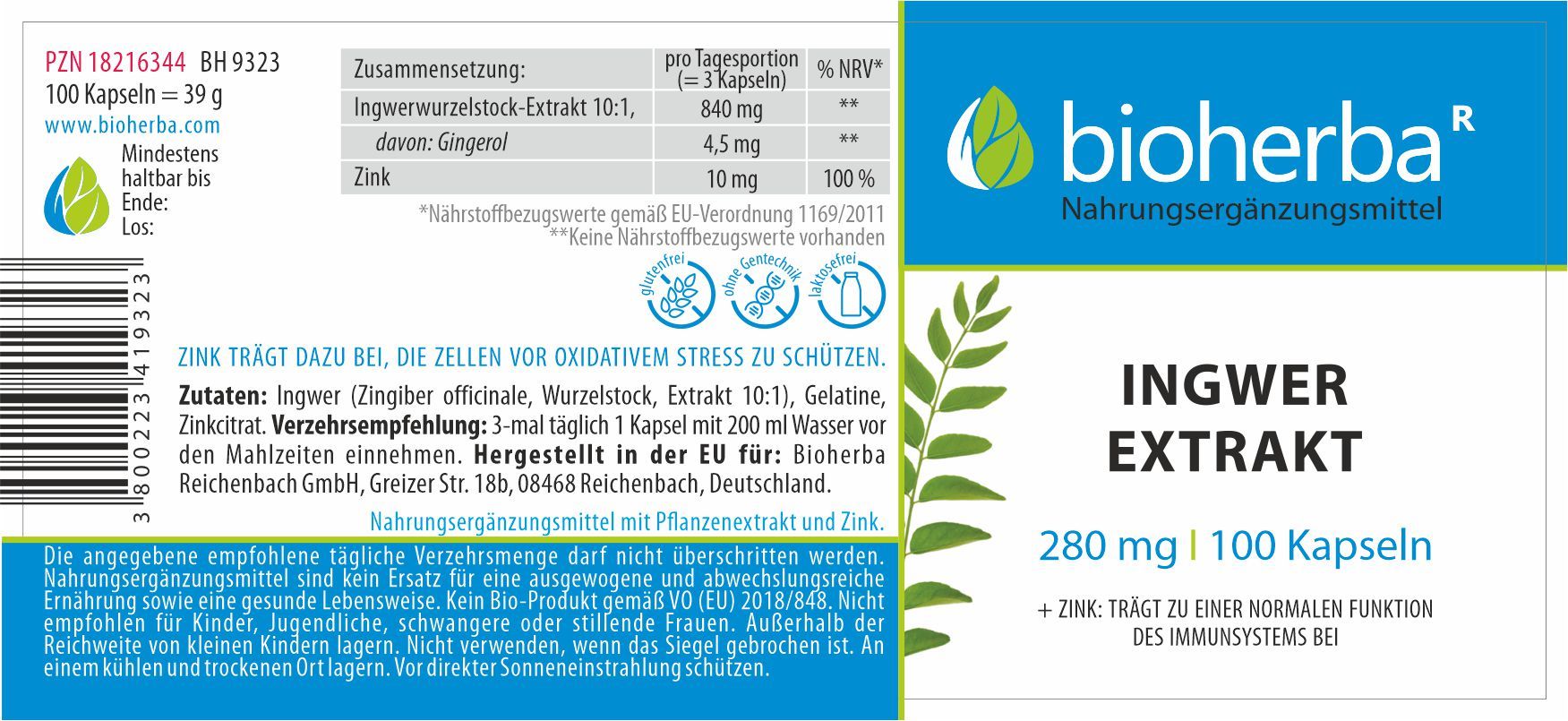 Etikett mit Produktinformationen. Enthält Angaben zu Inhaltsstoffen, Dosierung und Hersteller. Text in Deutsch.
