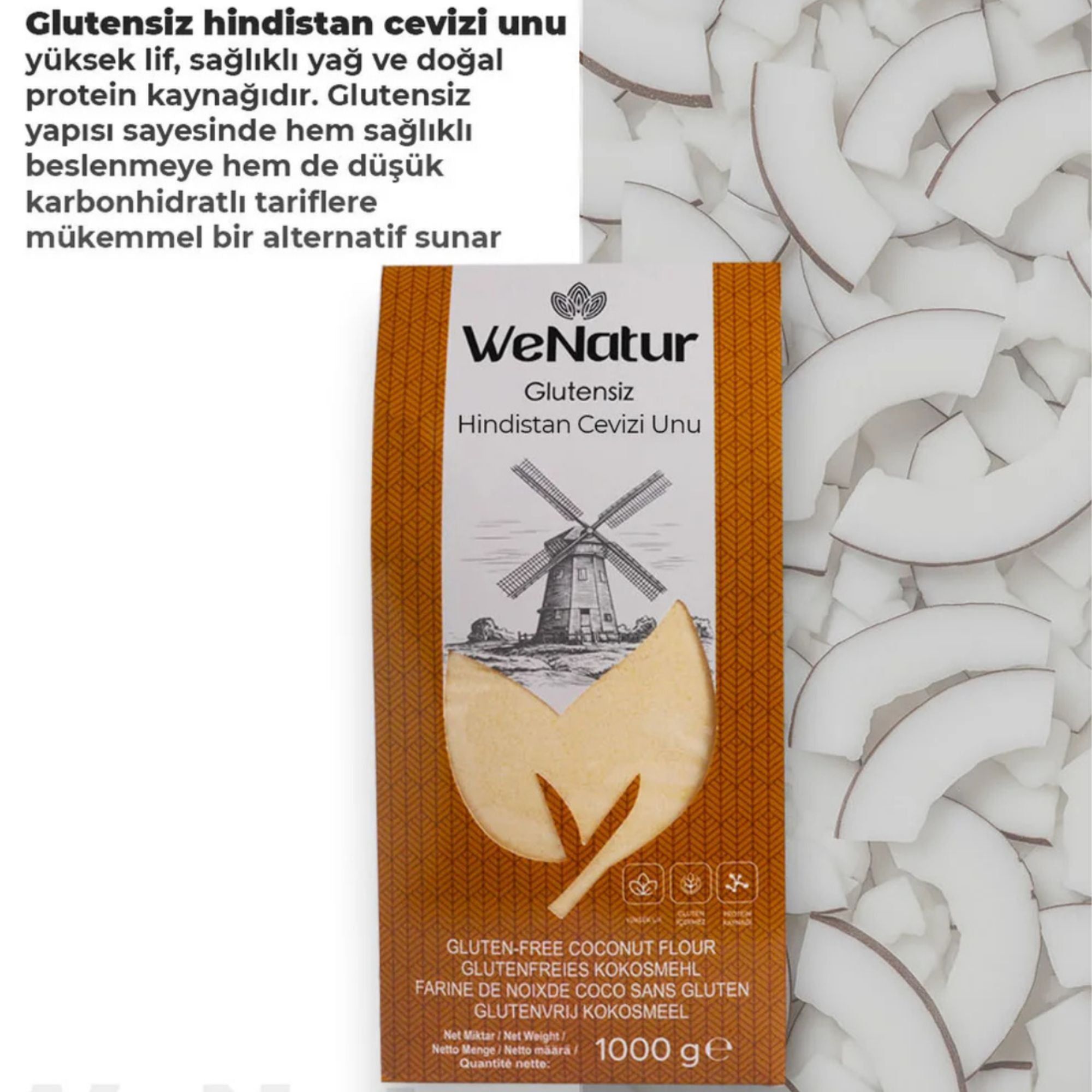 Packung glutenfreies Kokosmehl mit Abbildung einer Windmühle und Kokosblättern.