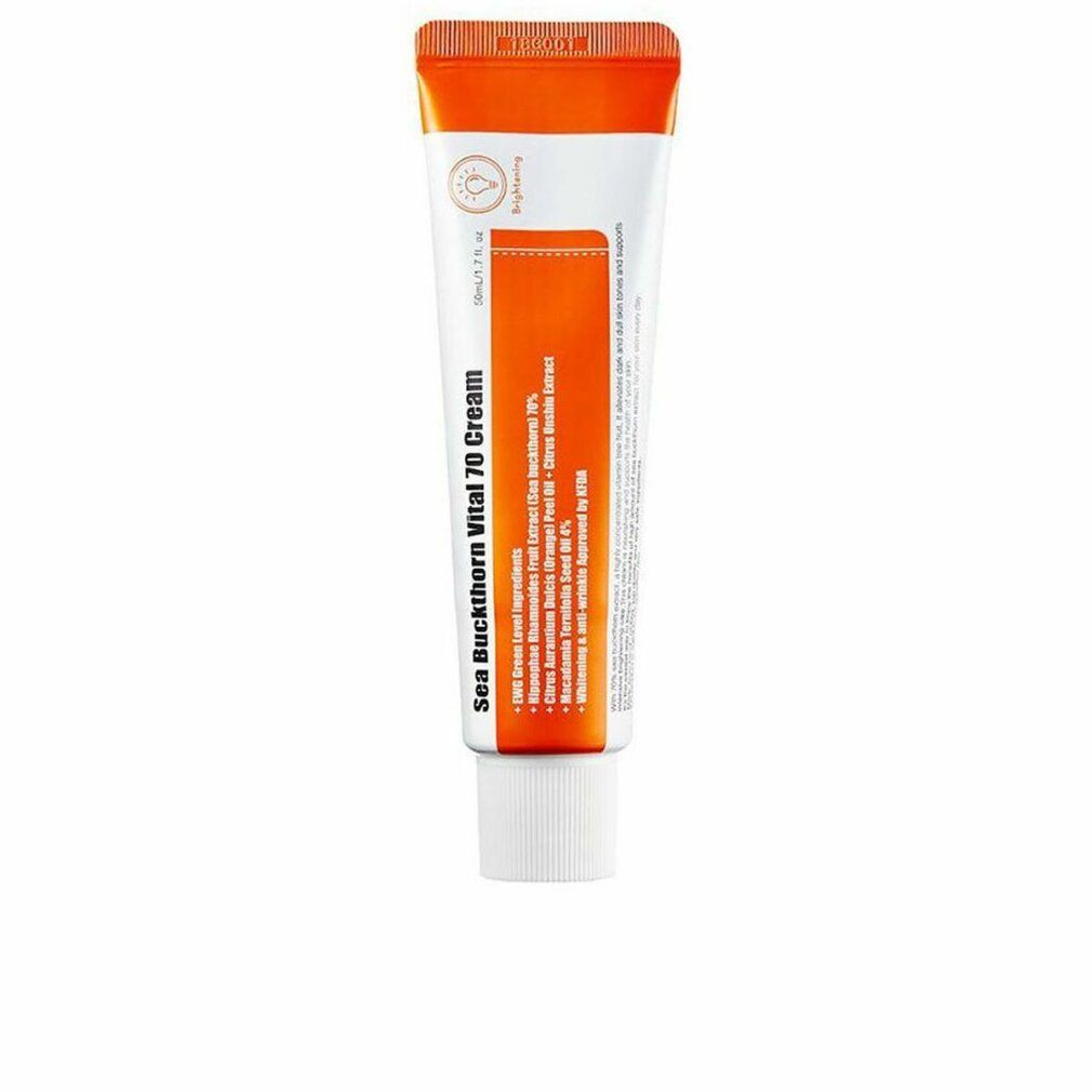 Creme-Tube mit orangefarbenem Deckel und Schriftzug. Produktname: Sea Buckthorn Vital 70 Cream. Marke: Purito.