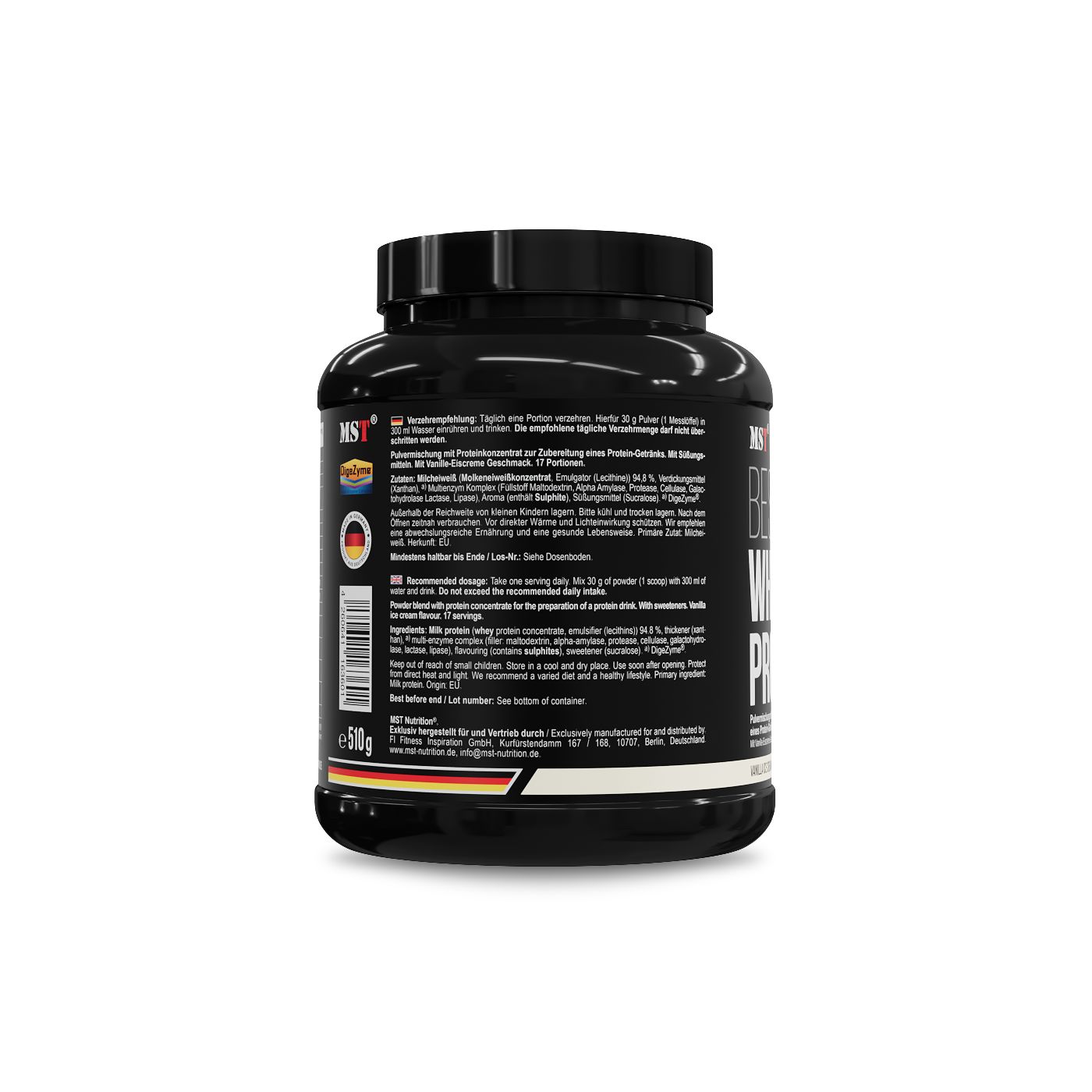 Rückseite eines schwarzen MST Best Whey Protein Behälters mit Anwendungshinweisen und Siegeln.