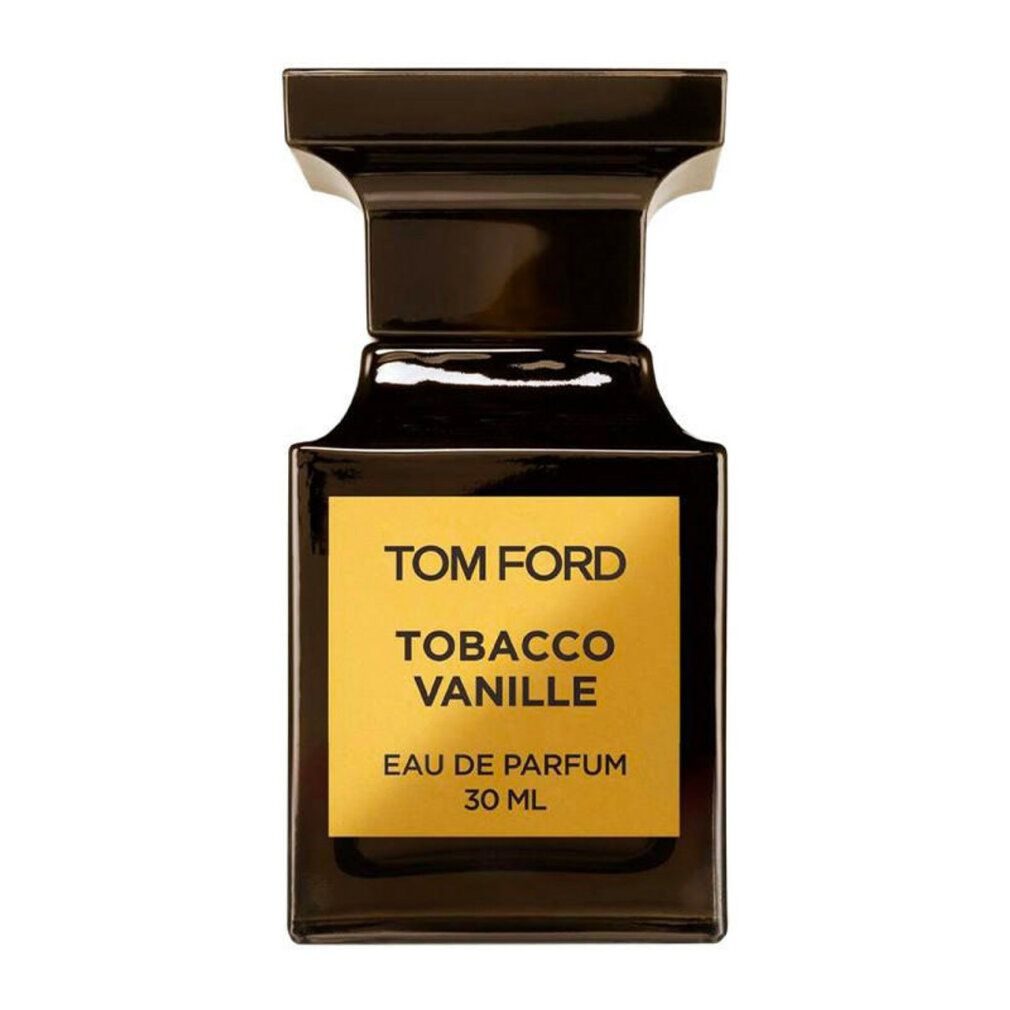 Schwarzer Flakon mit goldfarbenem Etikett. Aufschrift: TOM FORD, Tobacco Vanille, Eau de Parfum, 30 ml. Schwarzer Verschluss.