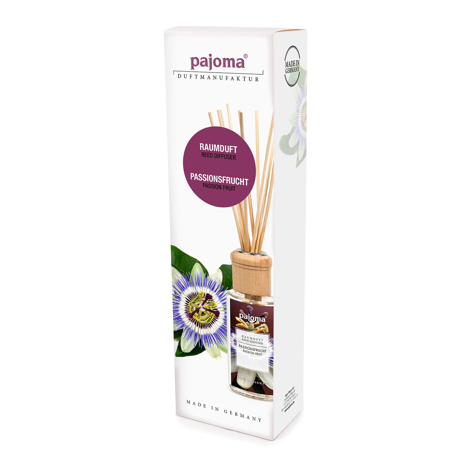 Produkt in weißer Verpackung. Aufdruck mit Produktname, Passionsfrucht-Illustration und Duftstäbchen.