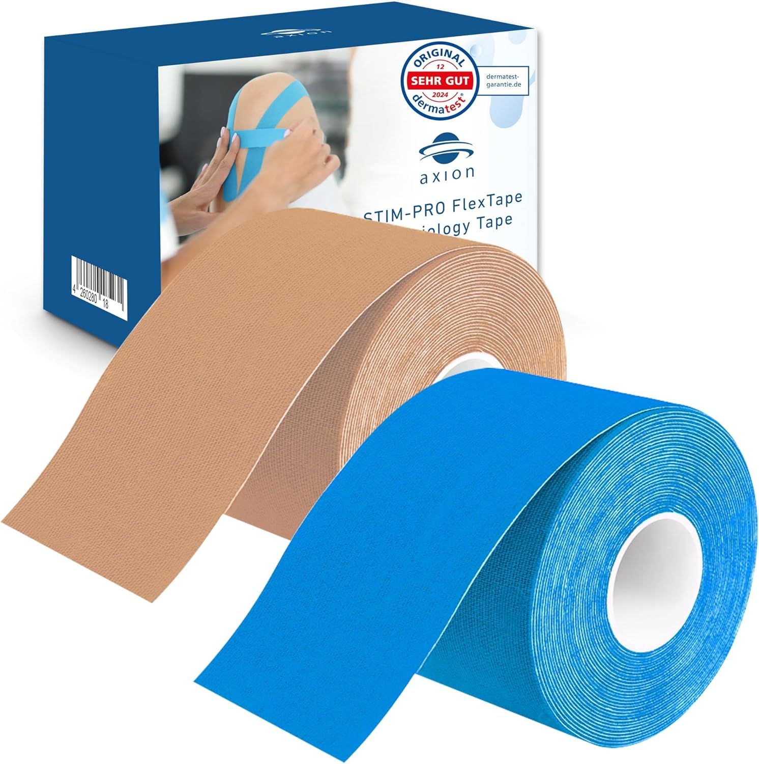 Rollen Kinesiologie-Tape in Beige und Blau. Verpackung mit Produktabbildung und Logo. Aufdruck: axion, FlexTape, dermatologisch getestet.