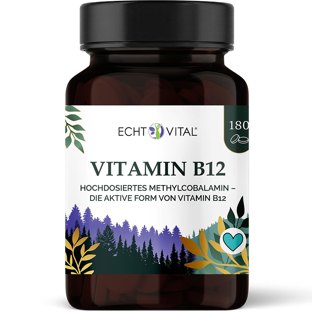 Braune Glasflasche mit Echt Vital Vitamin B12 Etikett, 180 Kapseln.