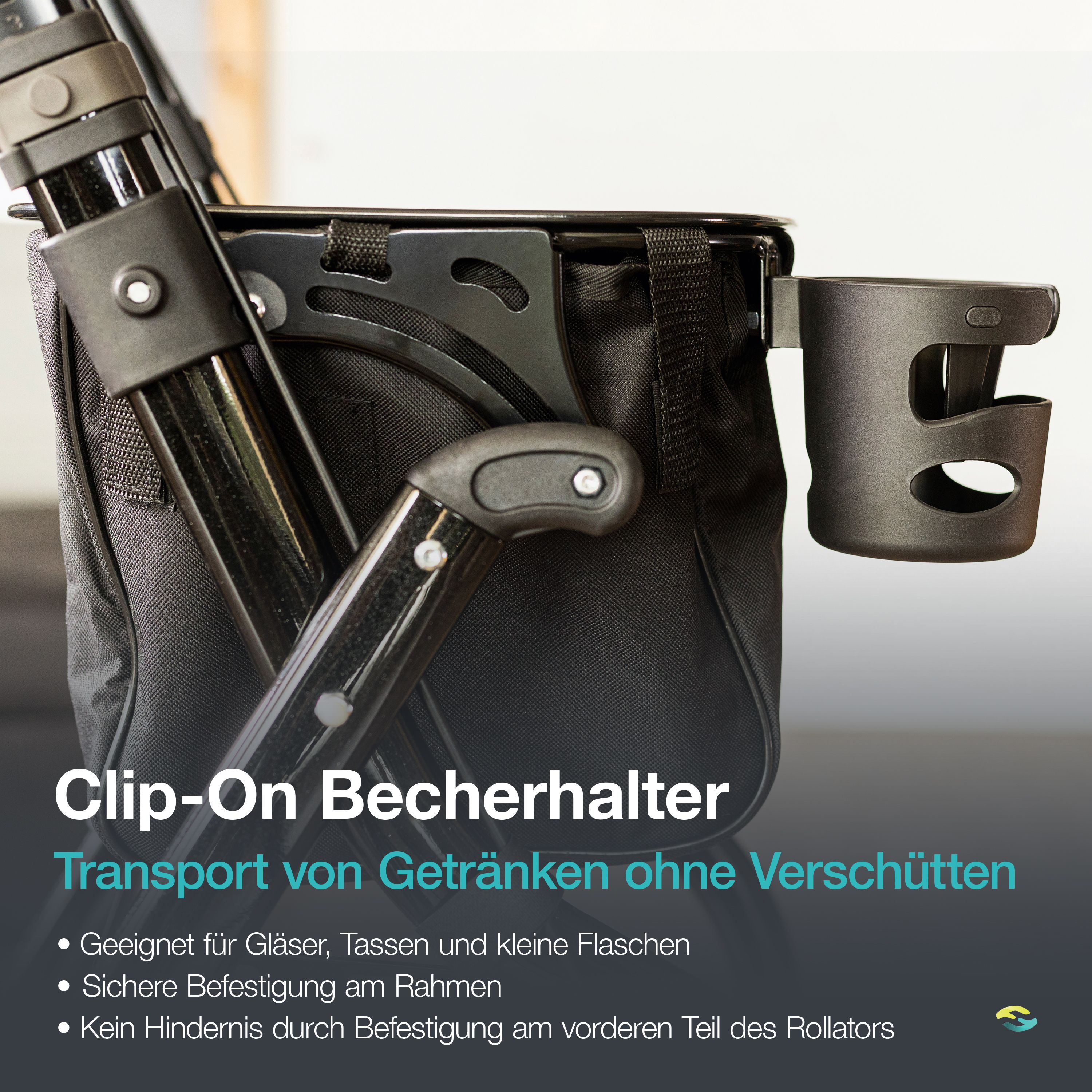 Clip-on Becherhalter an der Seite eines schwarzen Indoor-Rollators.