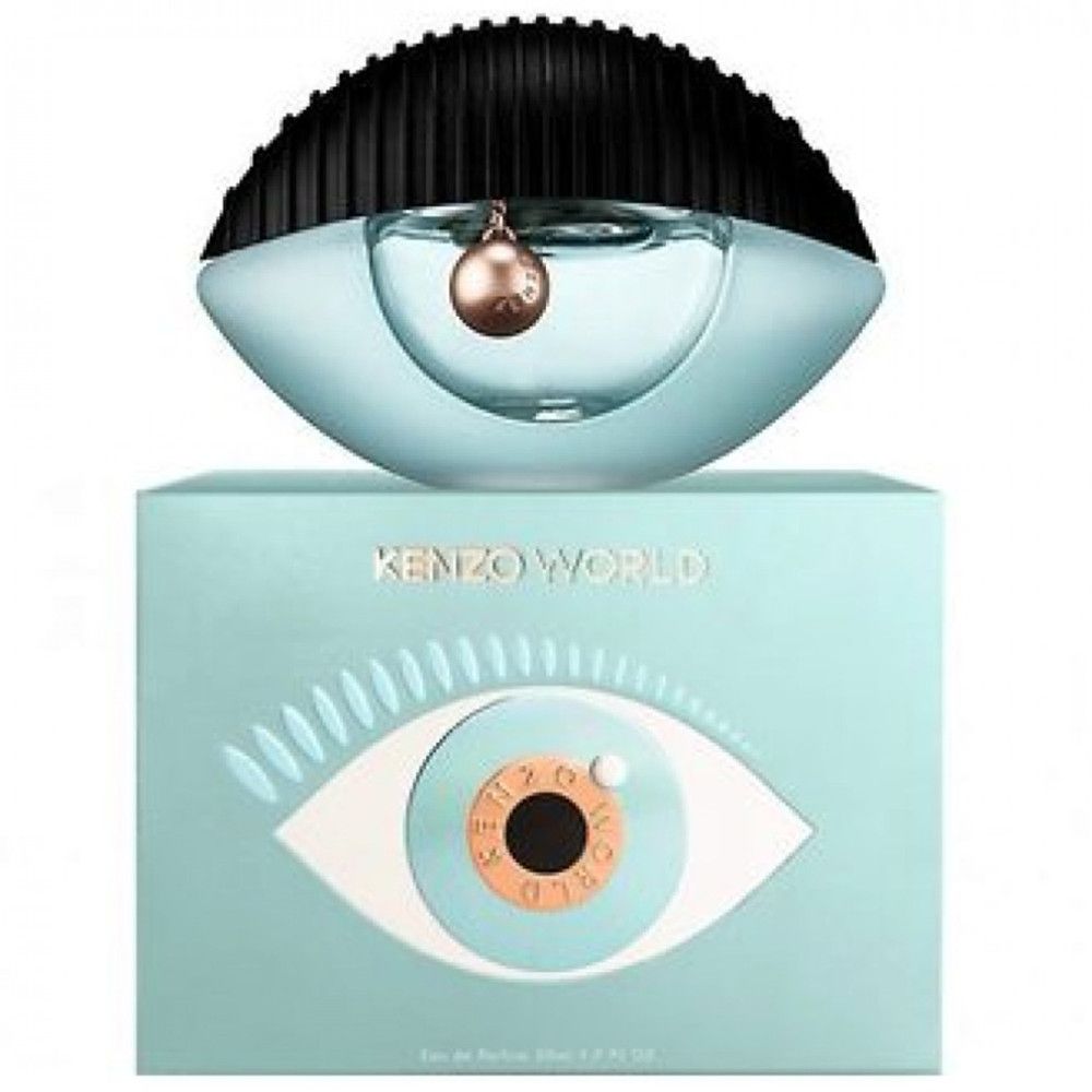 Hellblaues Parfümflakon in Augenform mit schwarzem Deckel und goldfarbenem Anhänger. Auf einer hellblauen Schachtel mit Logo.