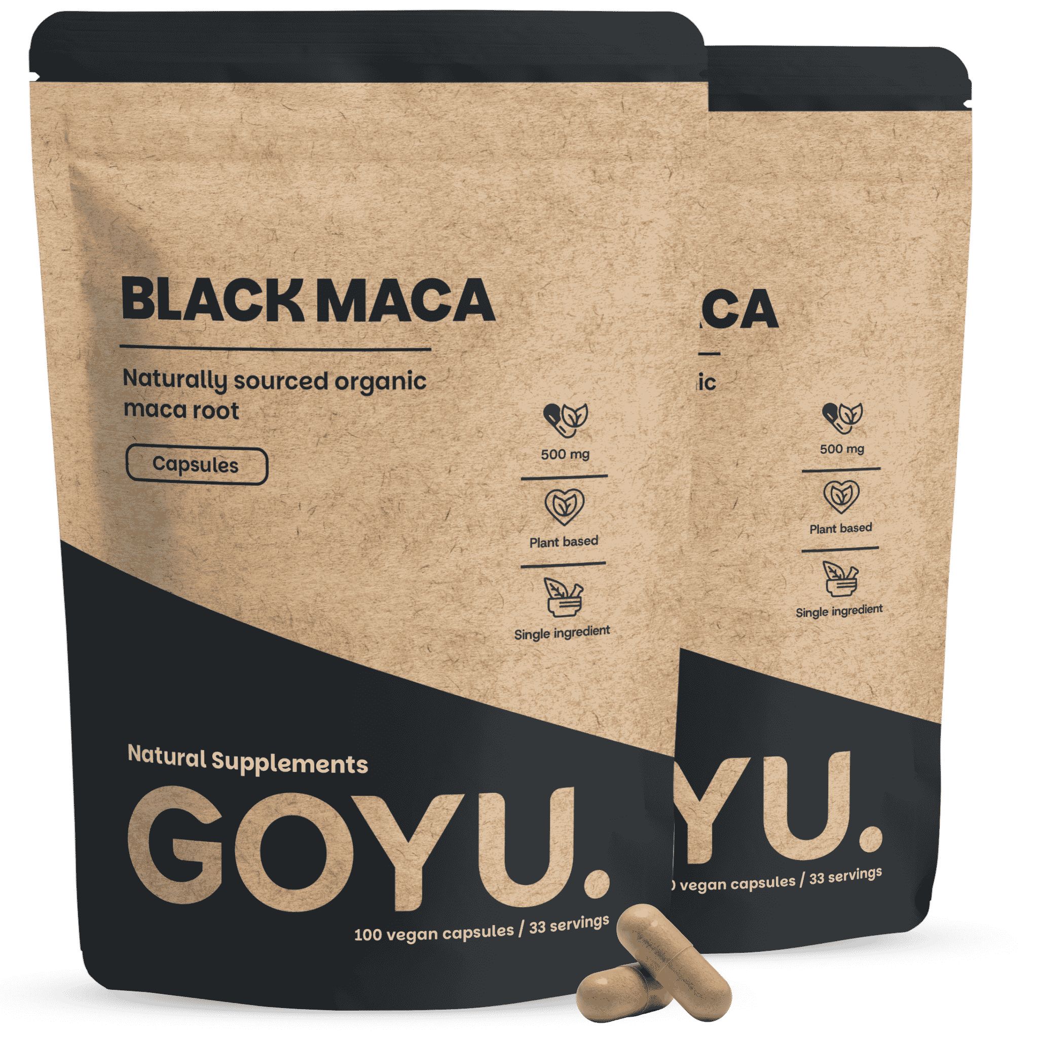 Zwei Packungen GOYU Black Maca Kapseln, natürlich gewonnene Bio-Maca-Wurzel, 100 vegane Kapseln pro Packung.