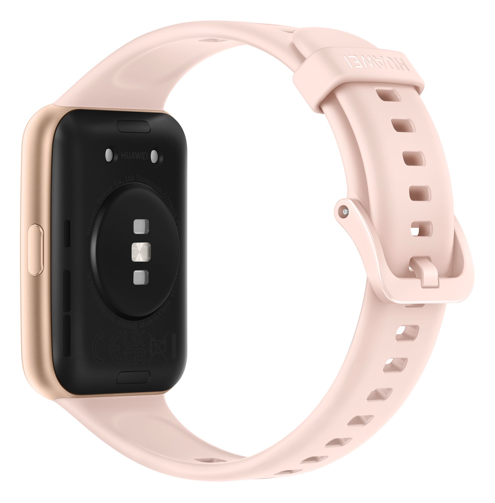 Rückseite der Smartwatch mit Sensoren und rosa Armband. Schwarzes Gehäuse.