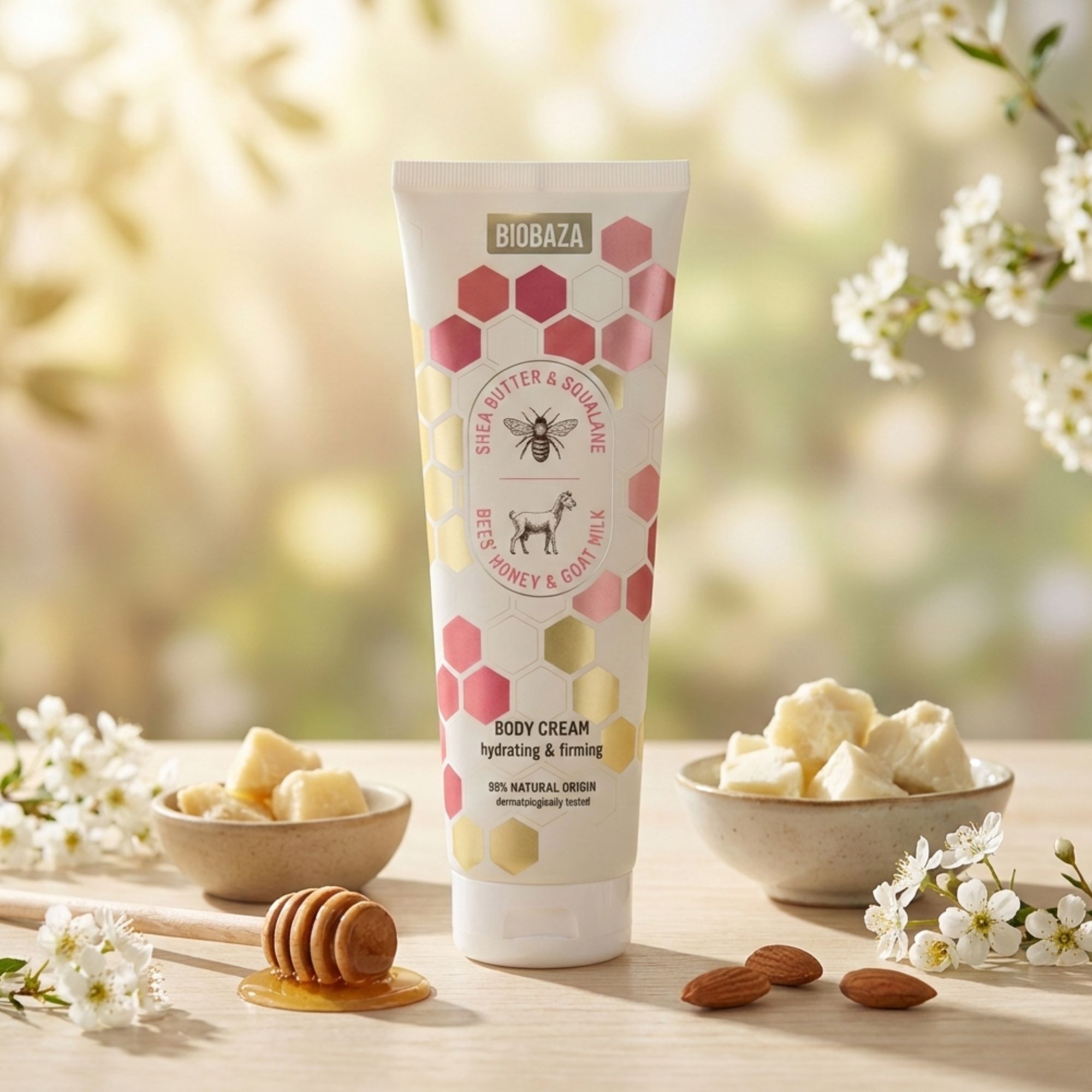 Creme-Tube mit Bienen- und Ziegenmotiv. Aufschrift: Shea Butter & Squalan, Honig & Ziegenmilch. Zusätzliche Zutaten und Mandeln.