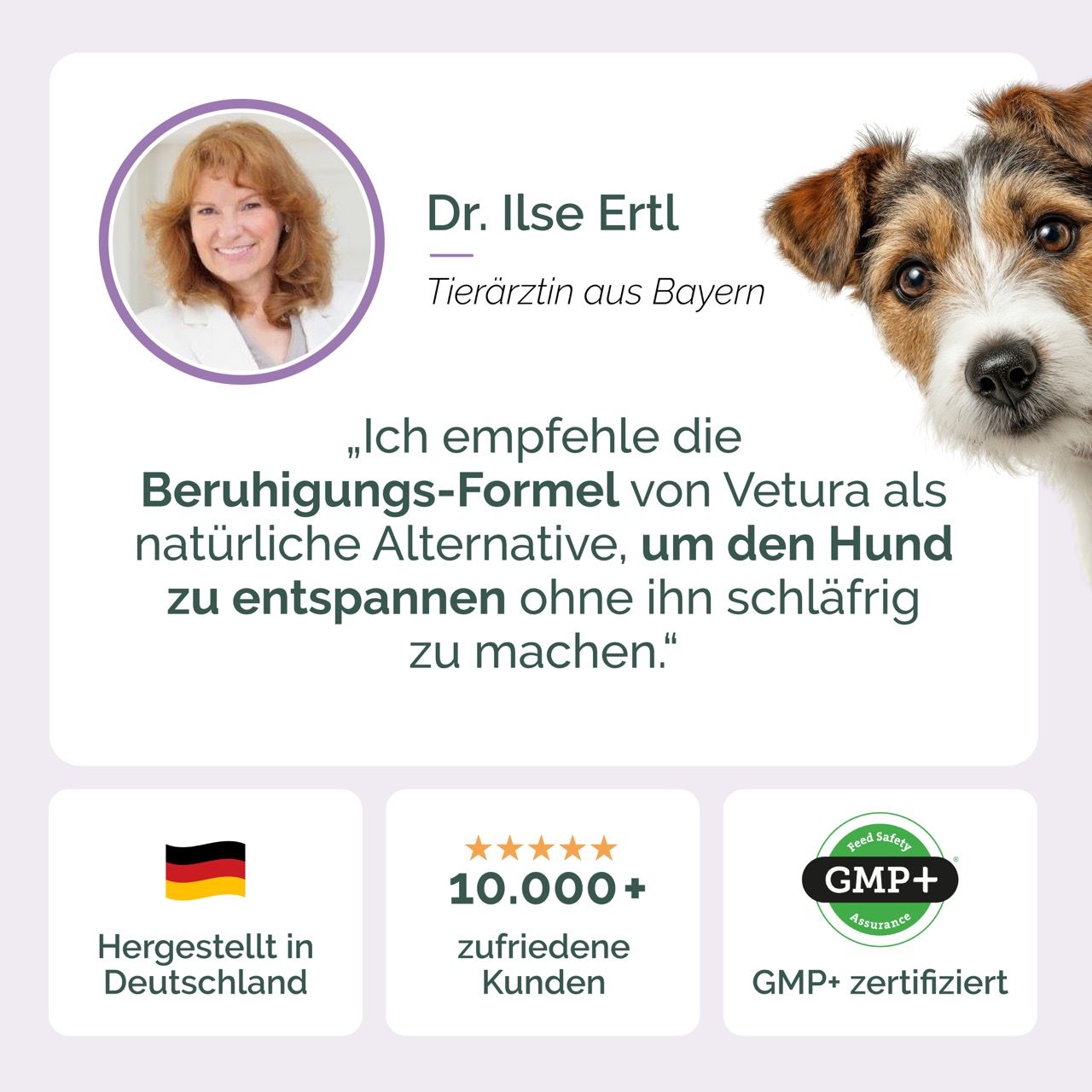 Porträt von Dr. Ilse Ertl und einem Hund. Text: 'Beruhigungs-Formel' von Vetura. 'Hergestellt in Deutschland', '10.000+ zufriedene Kunden', GMP+ zertifiziert.