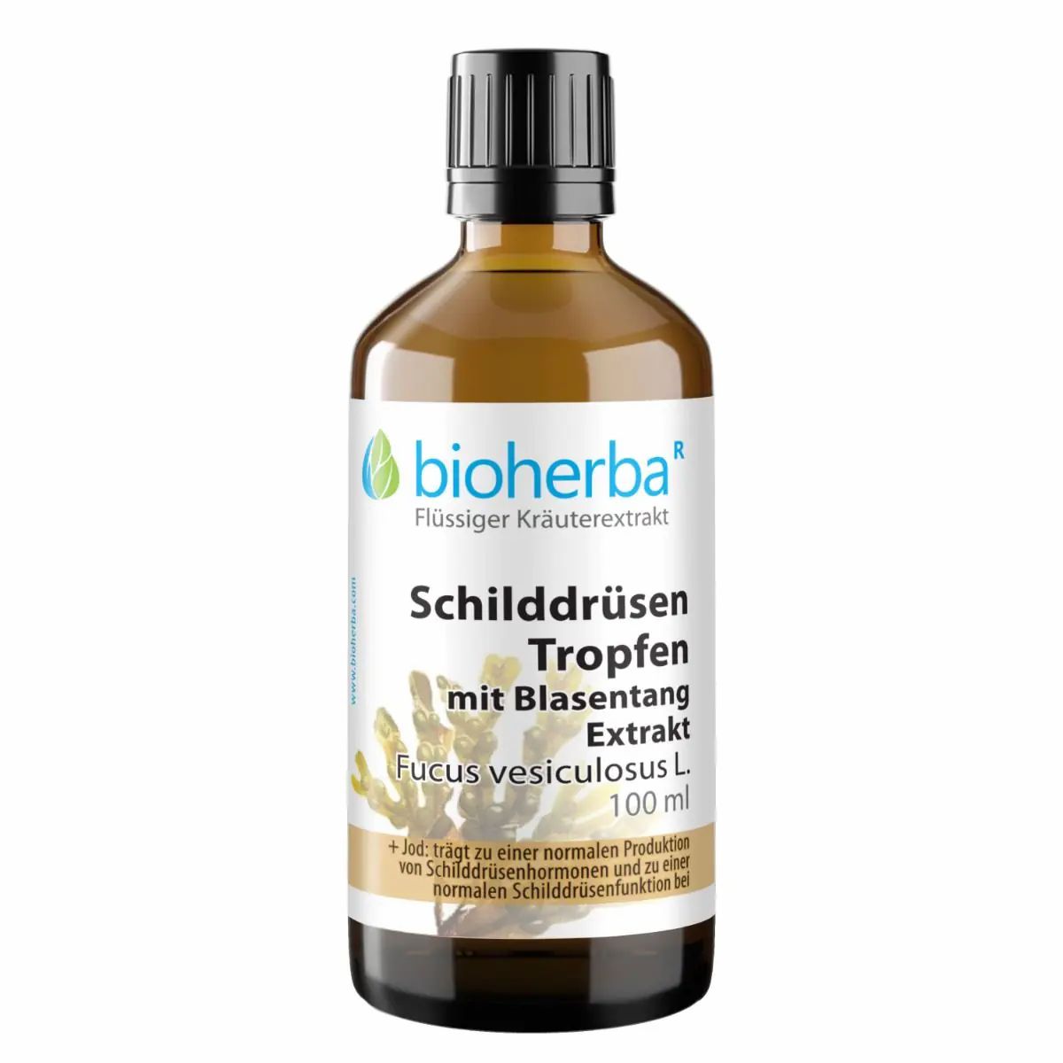 Braune Glasflasche mit schwarzem Deckel. Etikett mit Produktname, Marke Bioherba und Inhaltsstoffen. Text: Schilddrüsen Tropfen.