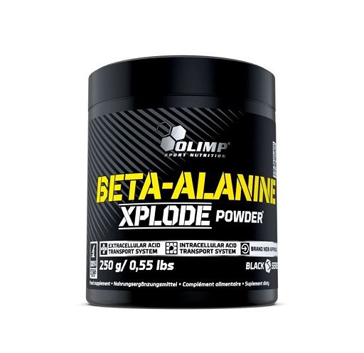 Schwarzer Behälter mit Olimp Beta-Alanine Xplode Powder, 250g.