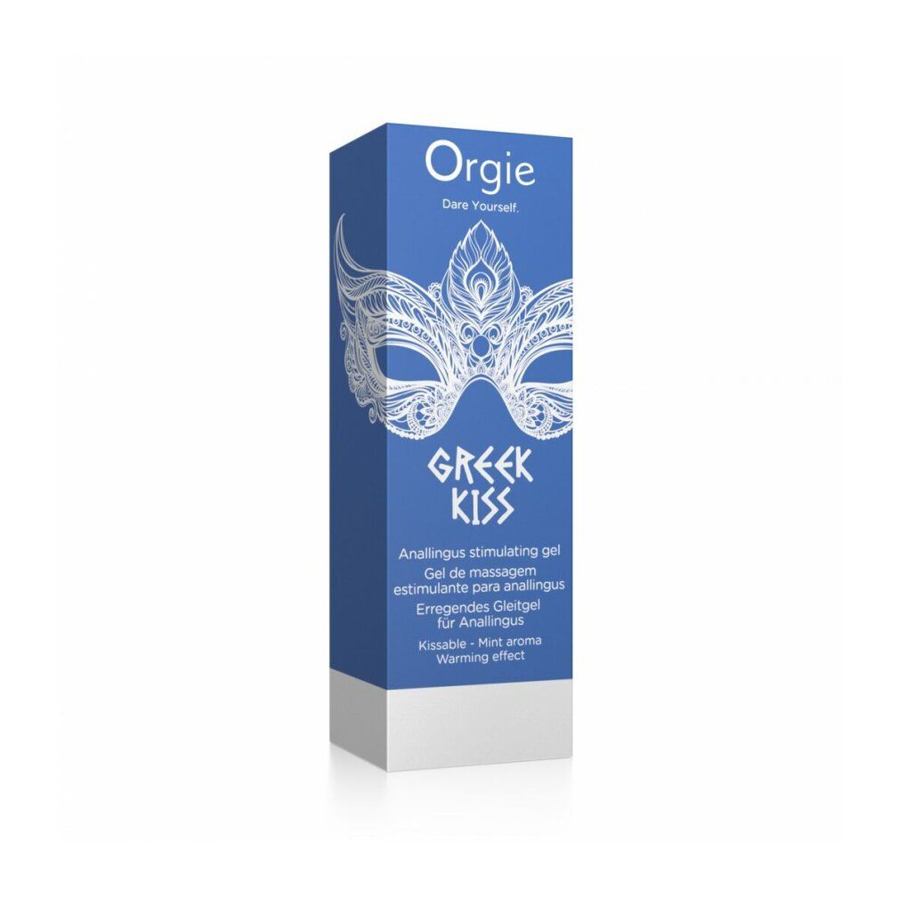 Blaue Produktverpackung mit "Orgie Greek Kiss" Schriftzug. Enthält Anal-Gel. Masken-Design. Weiße Unterseite.