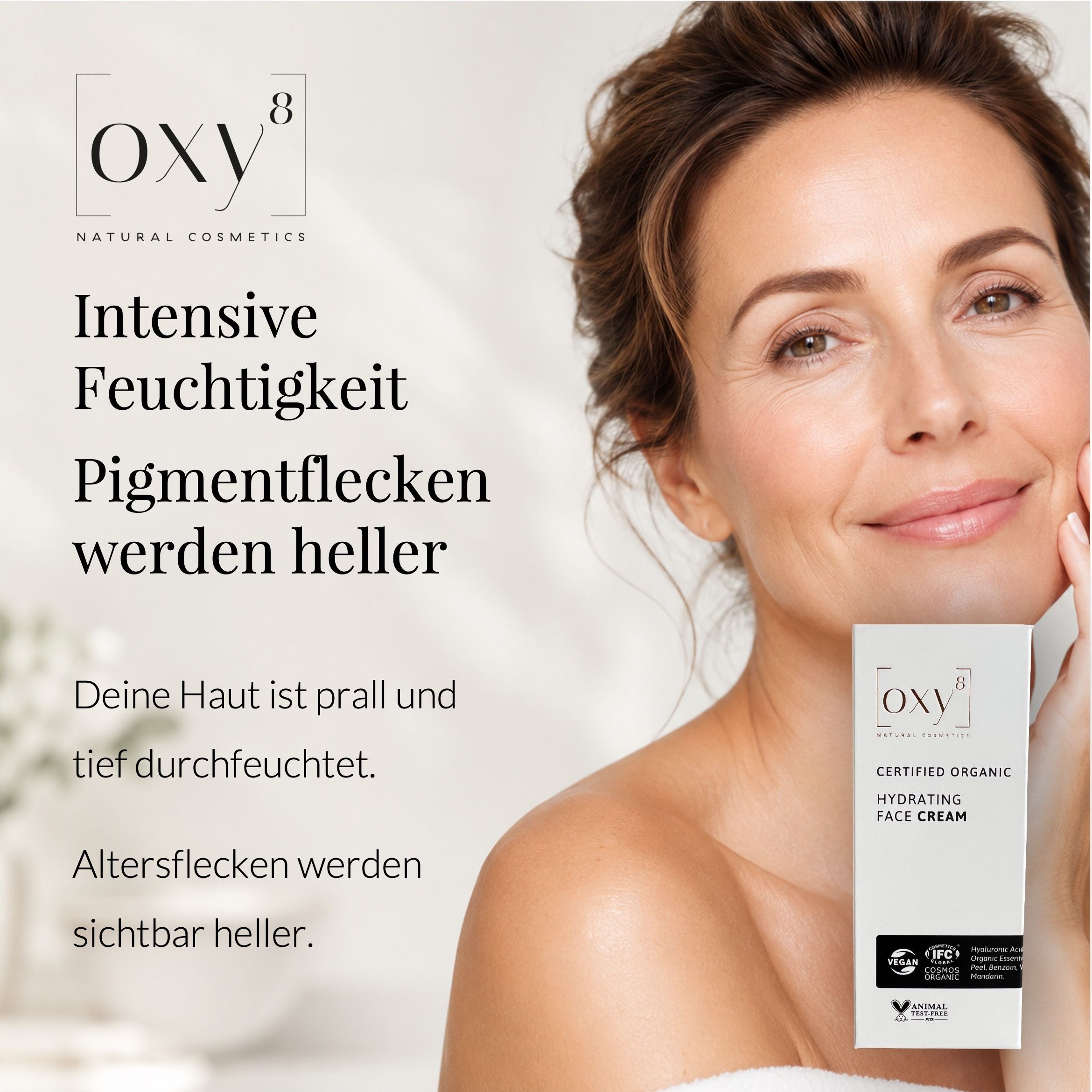 Nahaufnahme Gesicht: OXY8 Naturkosmetik, 300.000+ Produkte, natürliche Inhaltsstoffe.