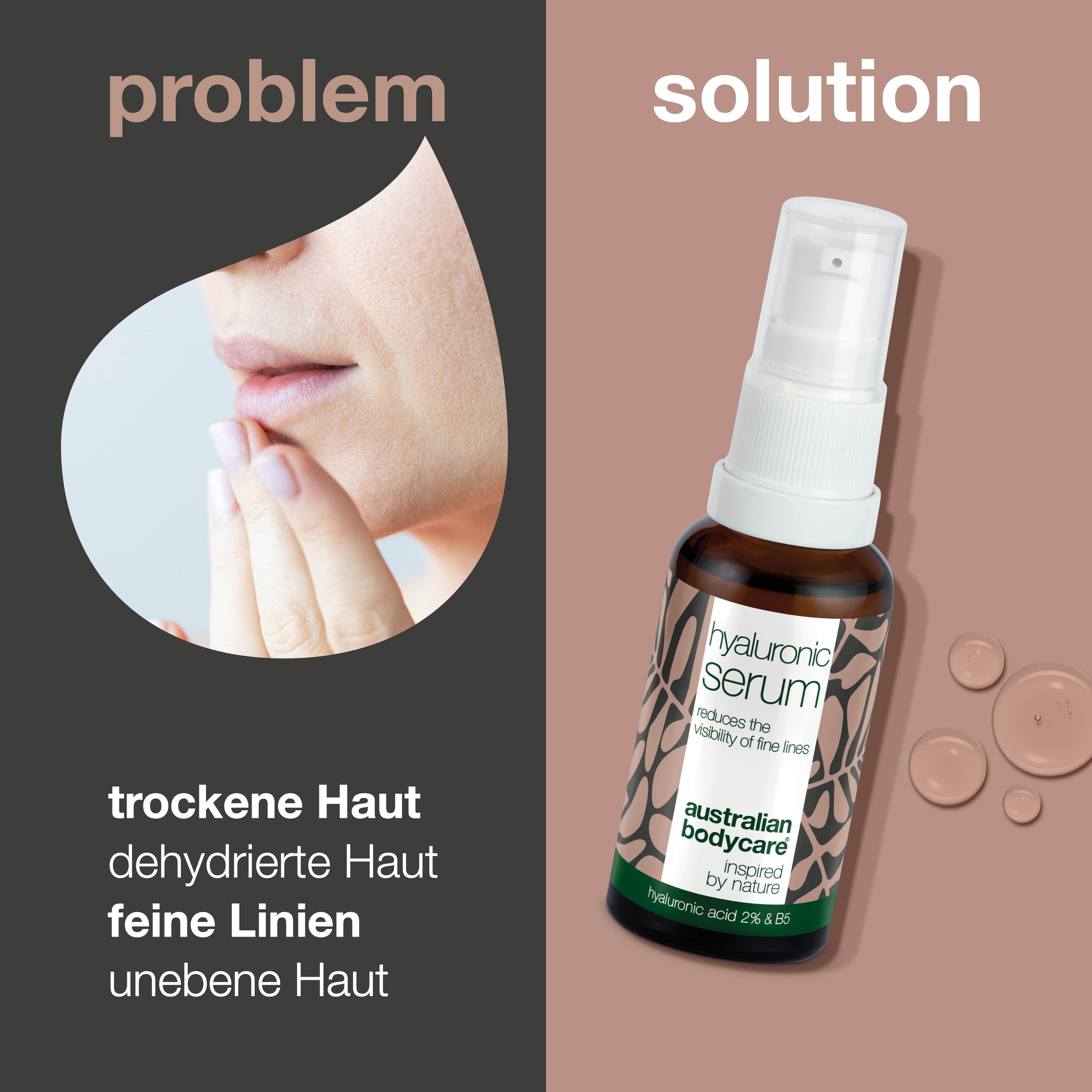 Braune Flasche mit weißem Pumpkopf. Aufschrift: Hyaluronic Serum, australian bodycare.