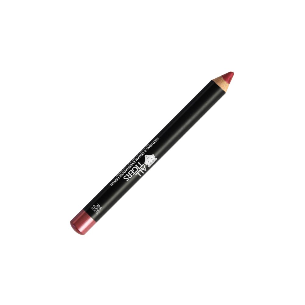 Roter Augenstift. Schwarzer Stift mit roter Spitze. Aufschrift: ALL TIGERS. Natürlicher & veganer Augenstift.