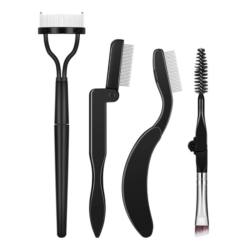 Set mit vier schwarzen Werkzeugen für Wimpern und Augenbrauen. Enthält Wimpernkamm, Augenbrauenbürsten und -kämme.