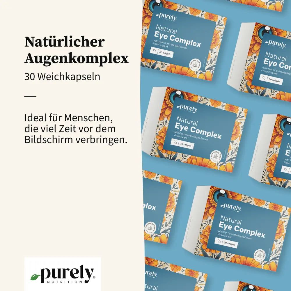 Ältere Frau liest Buch, eine Packung Purely Natural Eye Complex daneben.