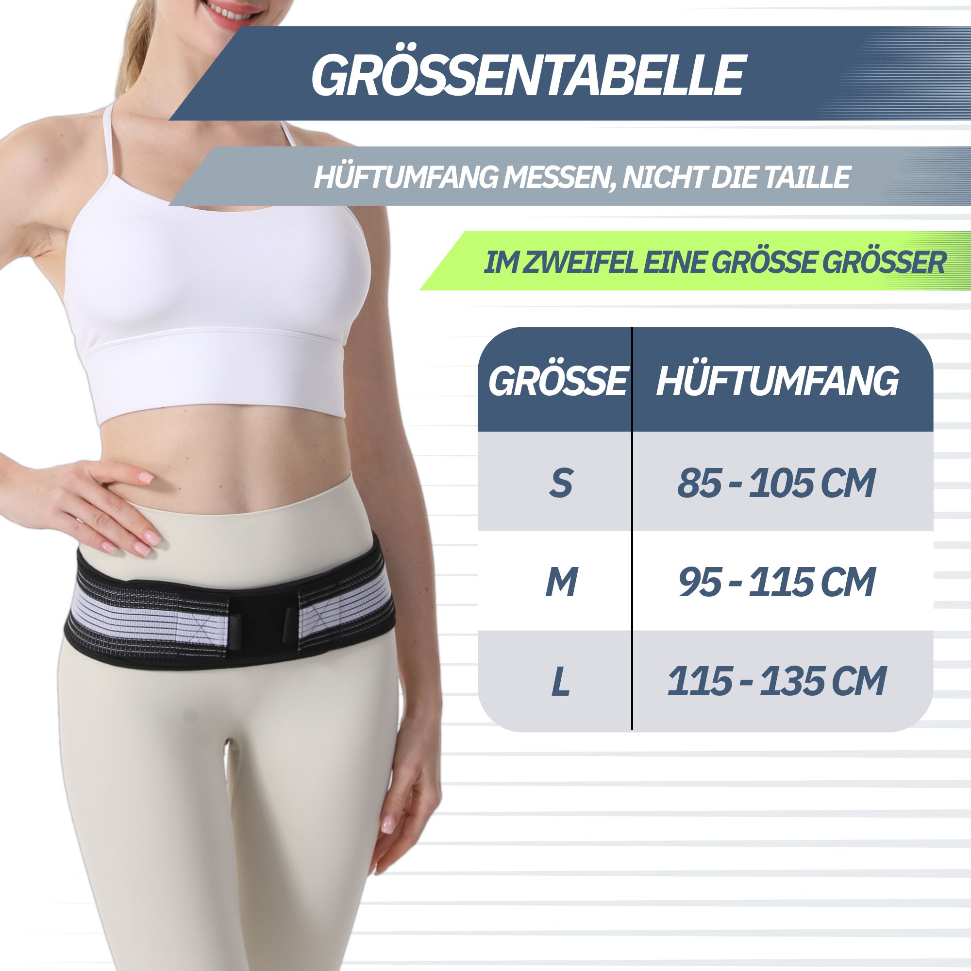 Hüftgurt mit starkem Klettverschluss, starken Nähten und atmungsaktivem Material.