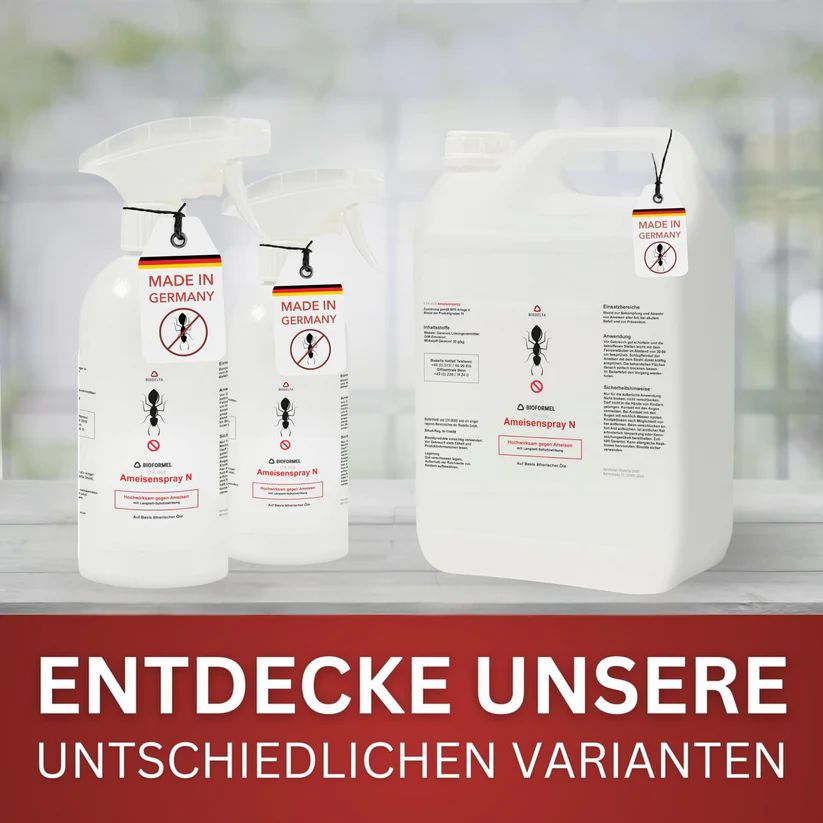 Drei Behälter: zwei Sprühflaschen und ein Kanister. Text: Entdecke unsere unterschiedlichen Varianten.