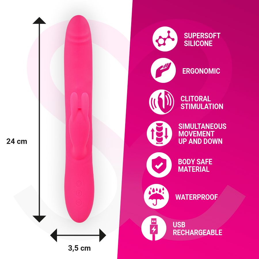 Rosa Vibrator mit Maßen: 24 cm x 3,5 cm. Text: SUPERSOFT SILICONE, ERGONOMIC, etc. Marke: more❤sa.