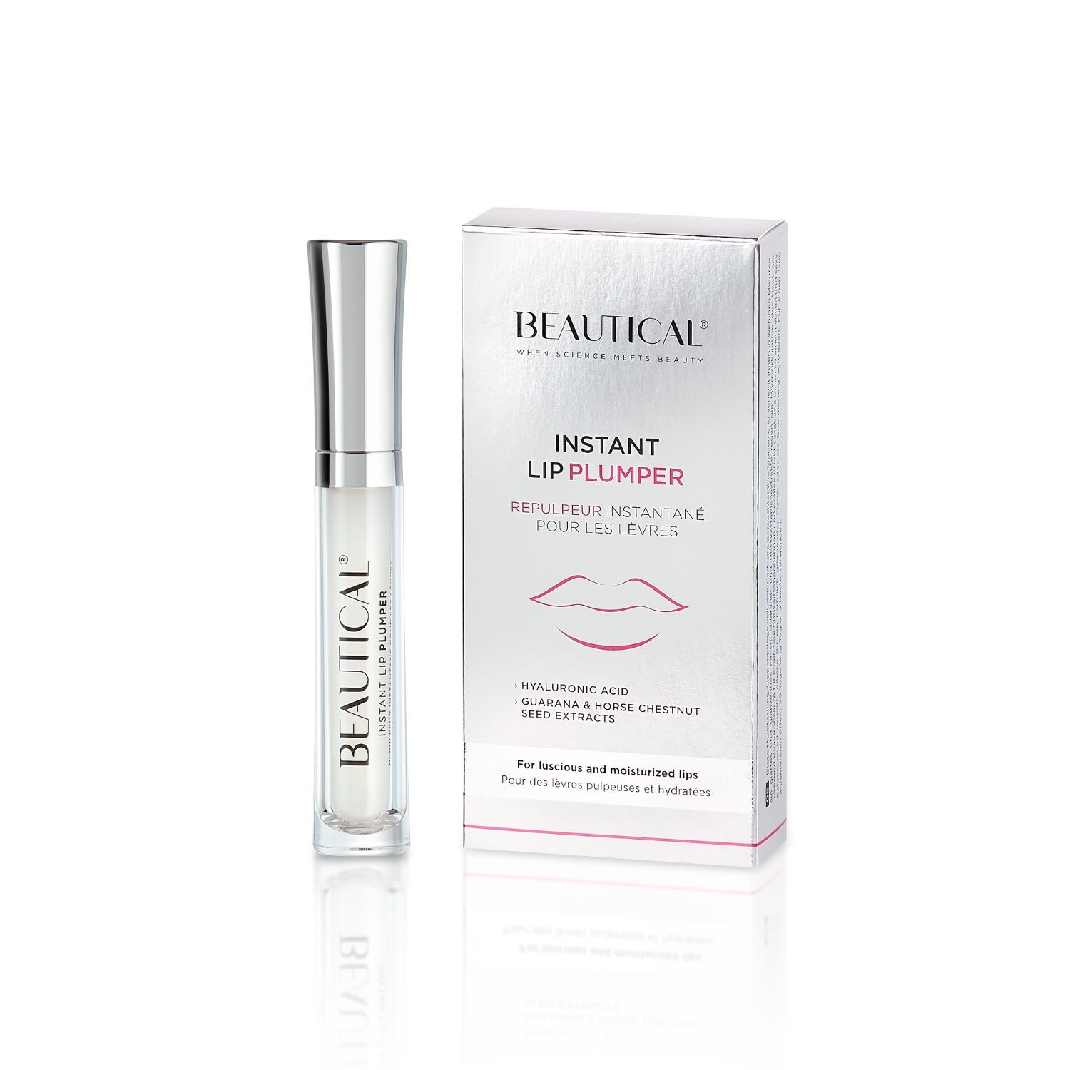 BEAUTICAL Instant Lip Plumper und Verpackung. Weiße Verpackung mit Produktabbildung und Text.