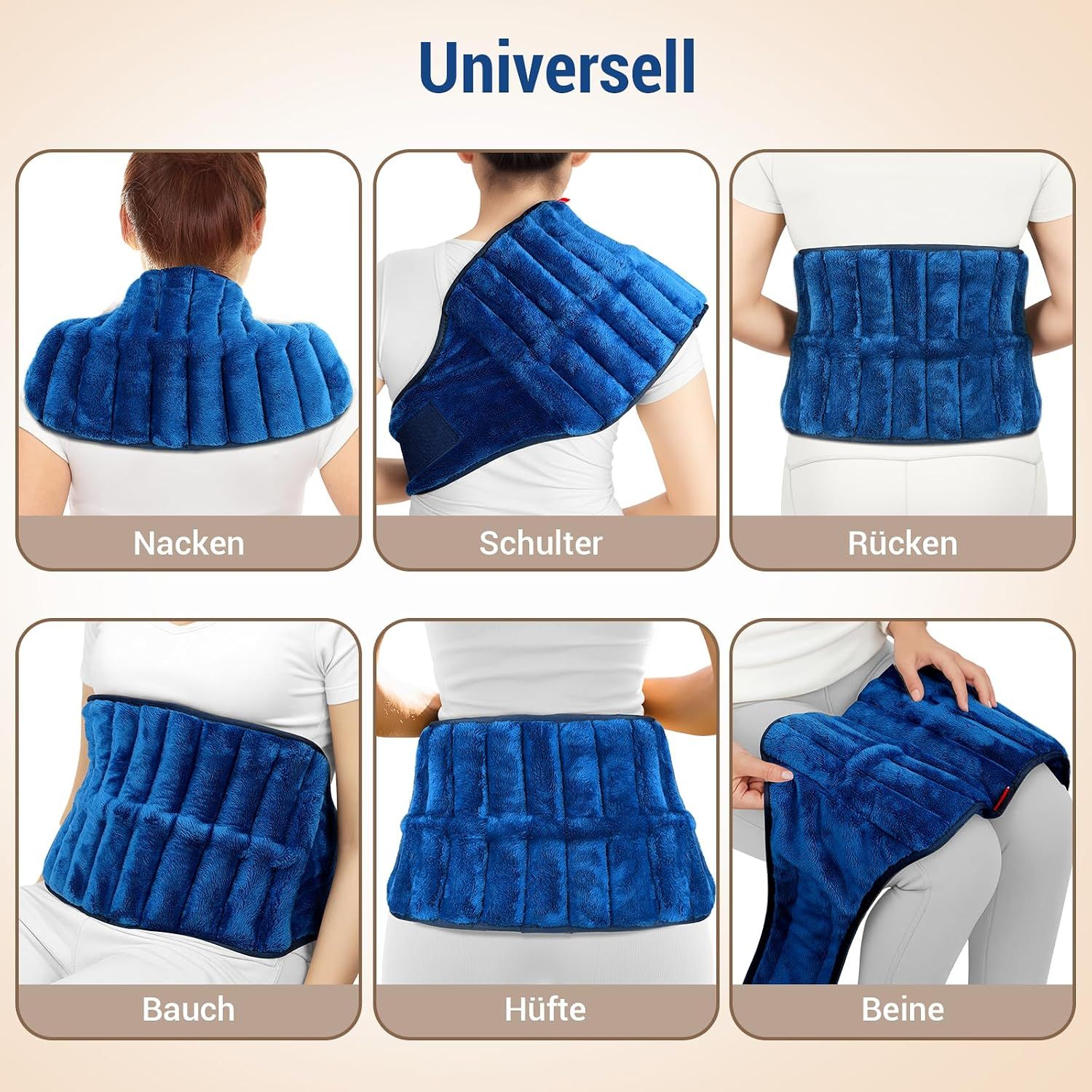 Sechs Ansichten eines blauen Heizgurts, der an Nacken, Schulter, Rücken, Bauch, Hüfte und Beinen getragen wird.