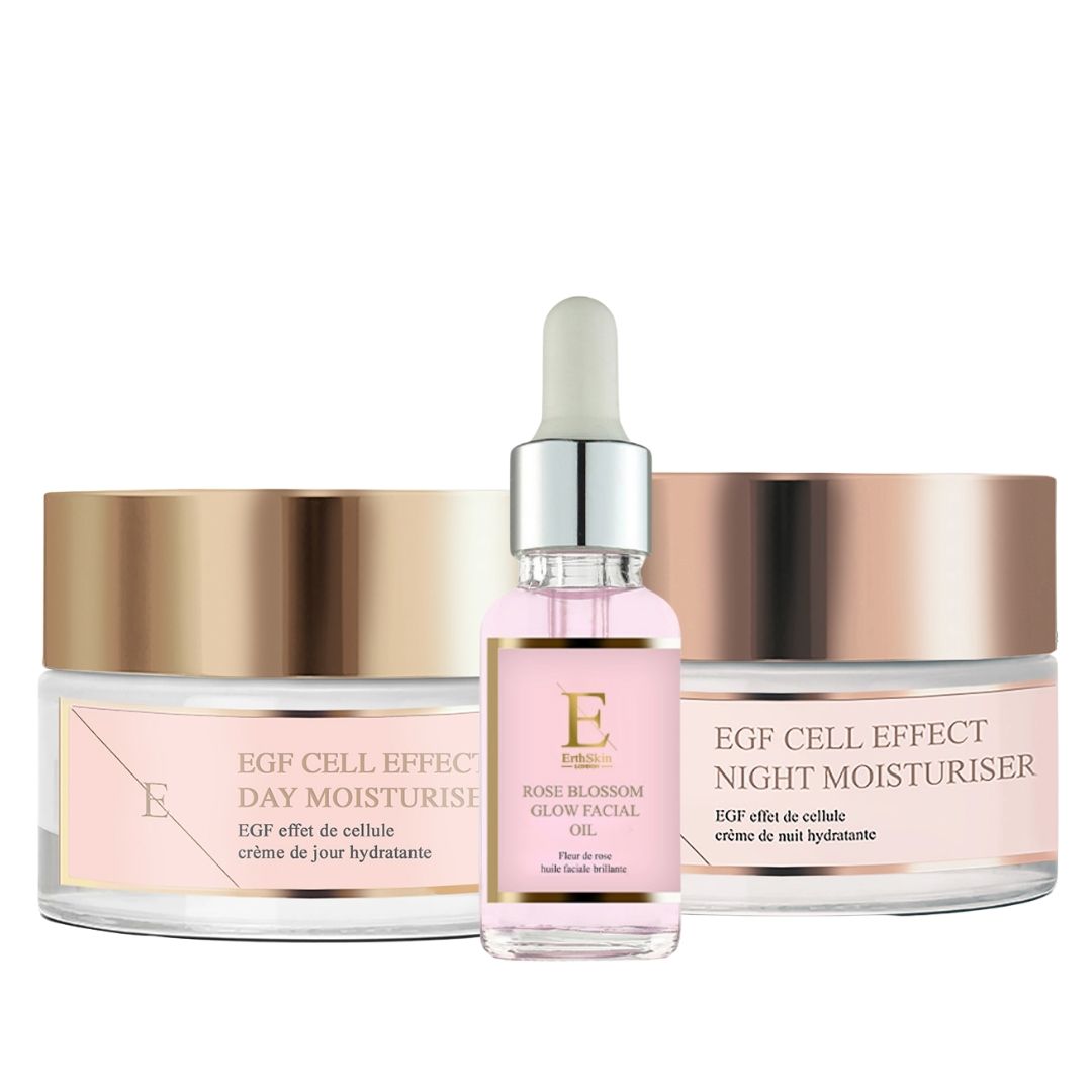 ErthSkin London EGF-Tagesfeuchtigkeitscreme + EGF-Nachtfeuchtigkeitscreme + Rosenblüten-Gesichtsöl