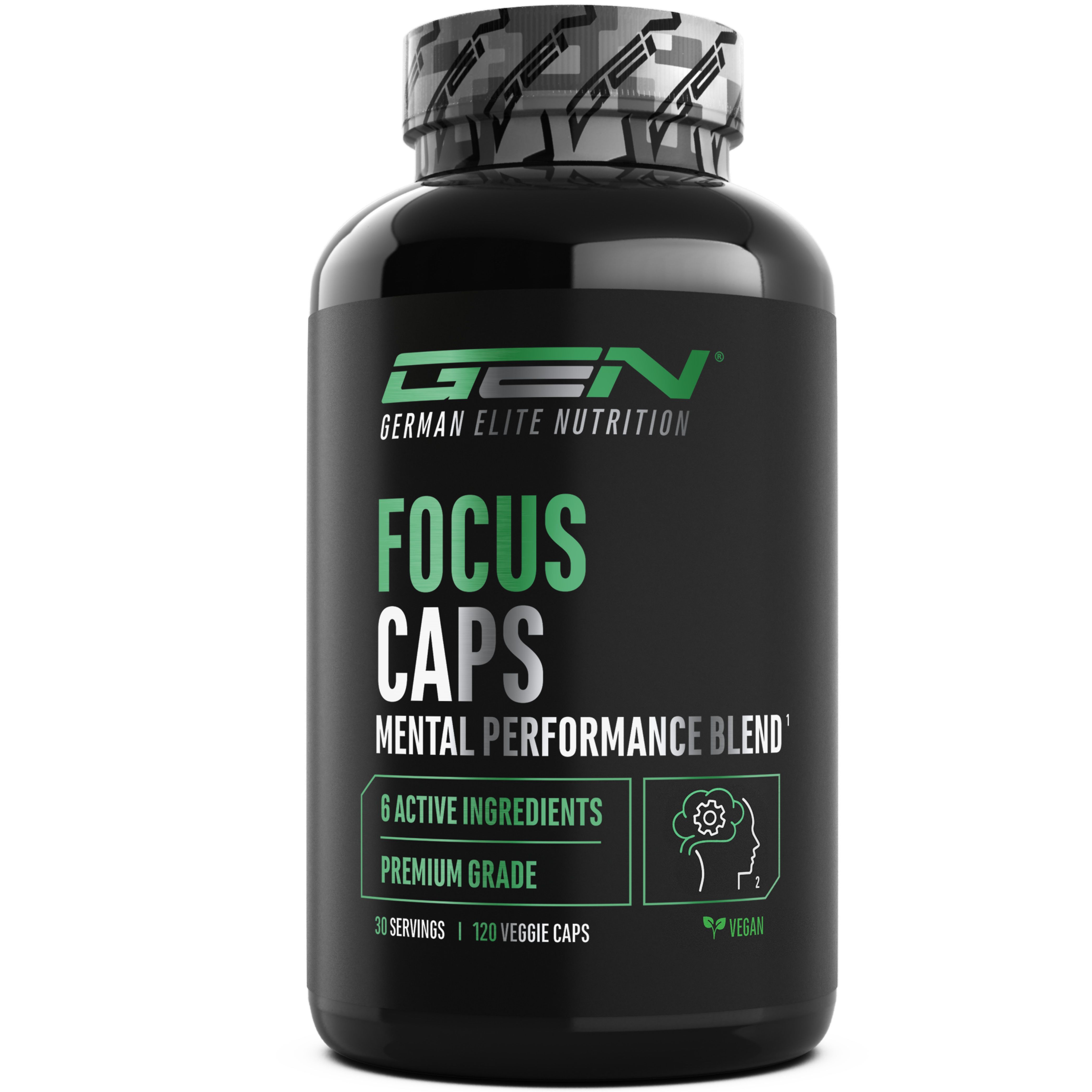 Schwarze Flasche mit GEN Focus Caps. Grüner Aufdruck: Focus Caps, Mental Performance Blend. 120 Kapseln, vegan.
