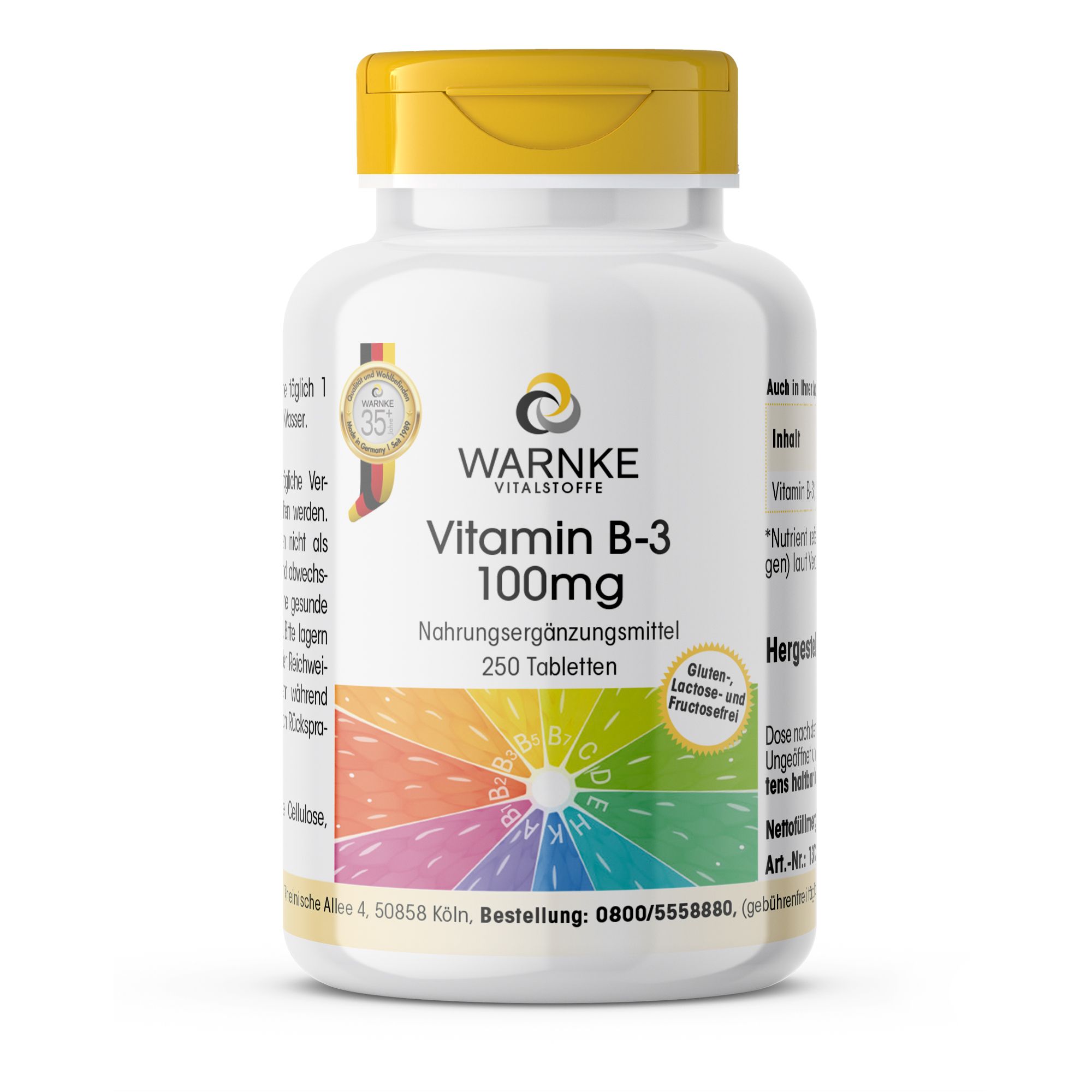 Weißes Fläschchen mit gelbem Deckel. Aufschrift: Vitamin B-3 100mg, 250 Tabletten. Marke: WARNKE Vitalstoffe. Mit Qualitätszeichen.