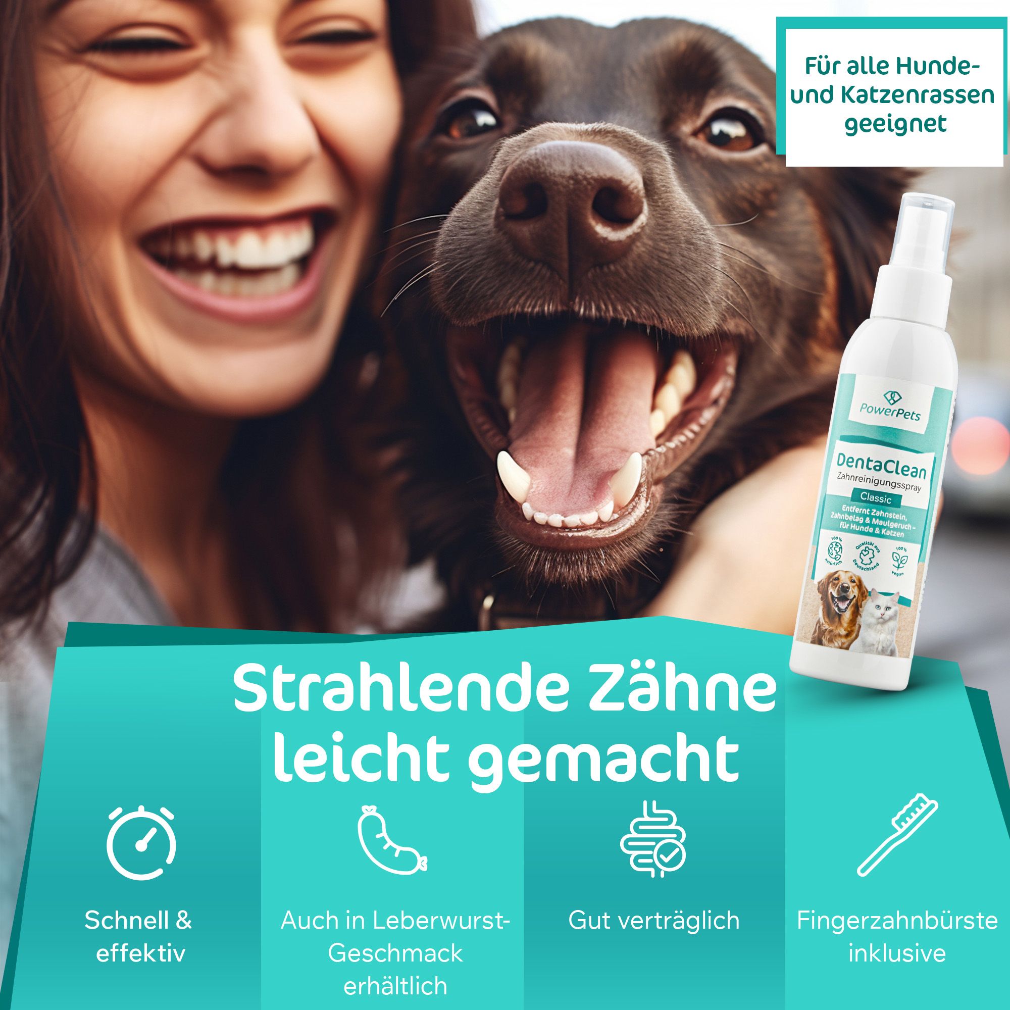 Frau umarmt Hund. PowerPets DentaClean Spray. Schnell & effektiv, auch in Leberwurst-Geschmack, gut verträglich, Fingerzahnbürste inklusive.