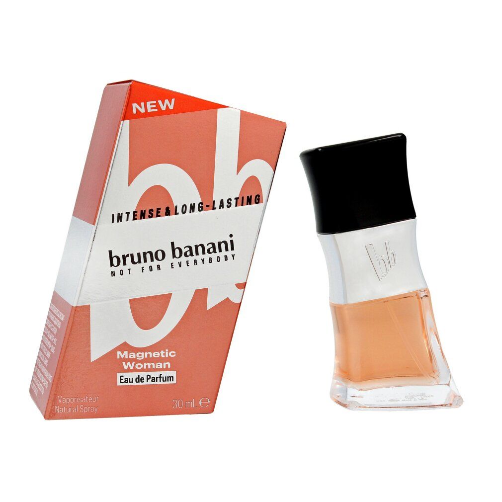 Parfümflakon neben einer rechteckigen Verpackung. Verpackung mit Text: Bruno Banani Magnetic Woman Eau de Parfum. Flakon mit schwarzem Deckel.