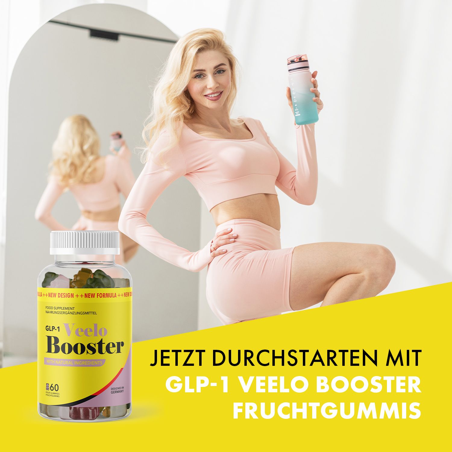 Frau sitzt, Flasche GLP-1 Veelo Booster Fruchtgummis daneben. Spiegel. Gelber Hintergrund mit Text.