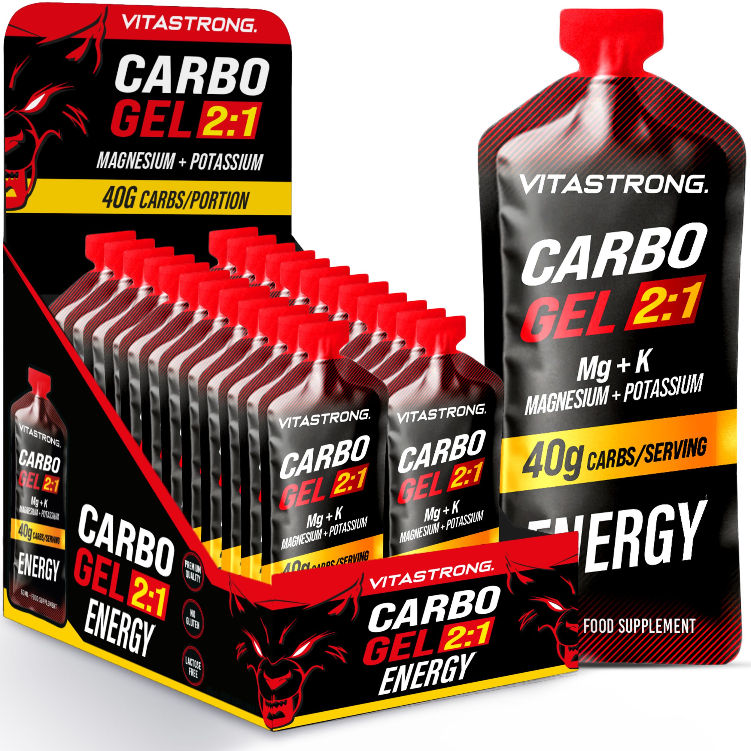 Vitastrong CARBO GEL 2:1. Displaybox mit Einzelportionen. Text: 40g Kohlenhydrate/Portion, Magnesium + Kalium. Food Supplement.