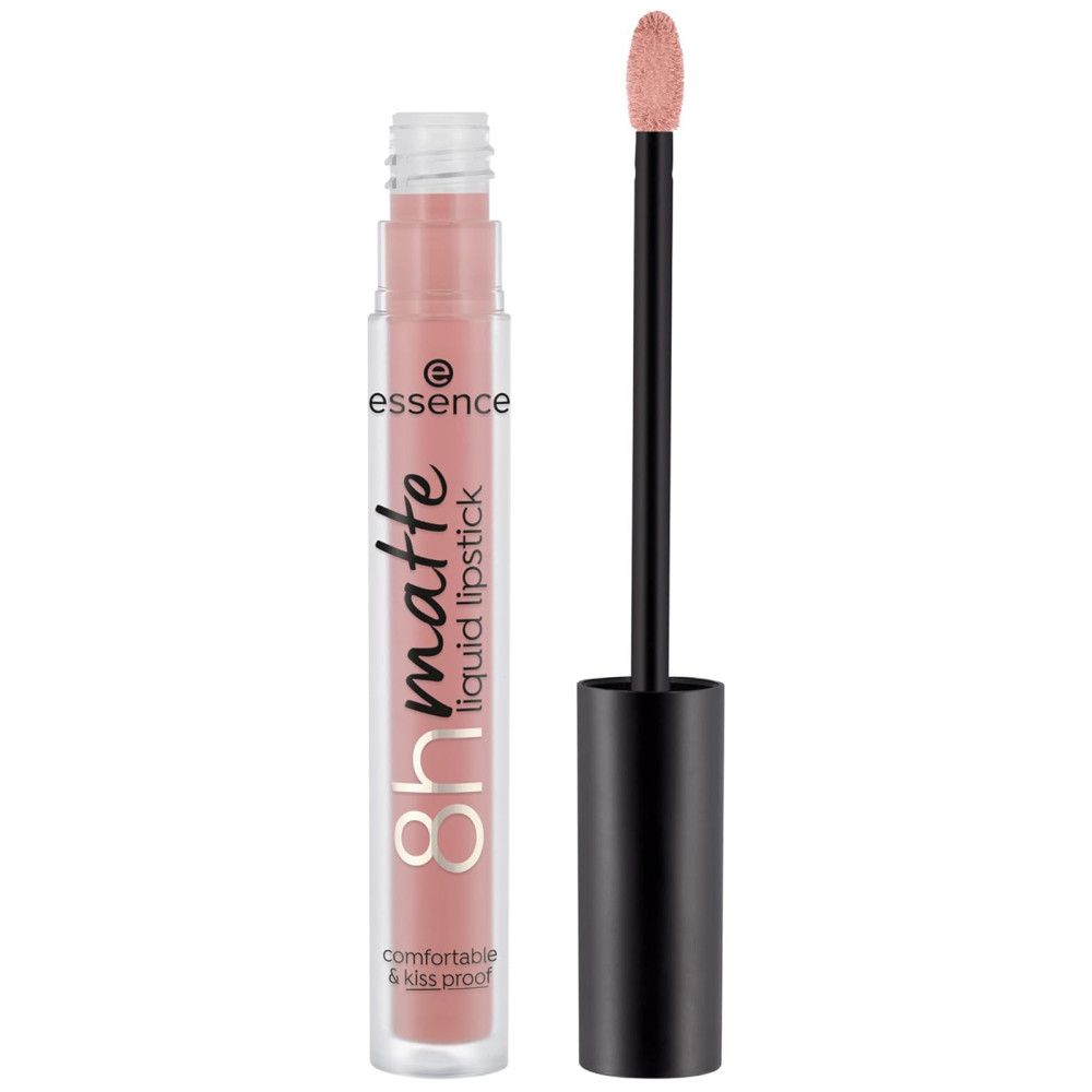 Essence 8h Matte Flüssiger Lippenstift. Rosa Farbton. Transparente Flasche mit schwarzem Deckel. Applikator sichtbar.